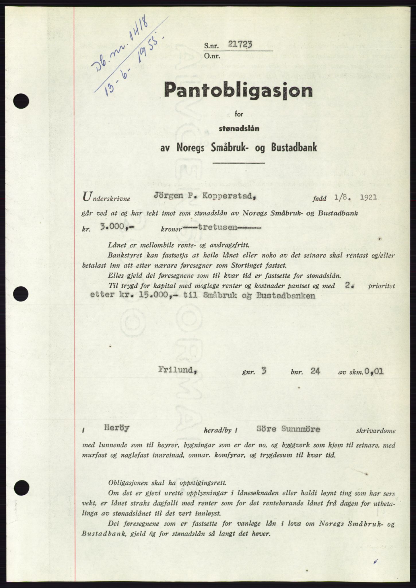 Søre Sunnmøre sorenskriveri, SAT/A-4122/1/2/2C/L0127: Pantebok nr. 15B, 1955-1955, Dagboknr: 1418/1955