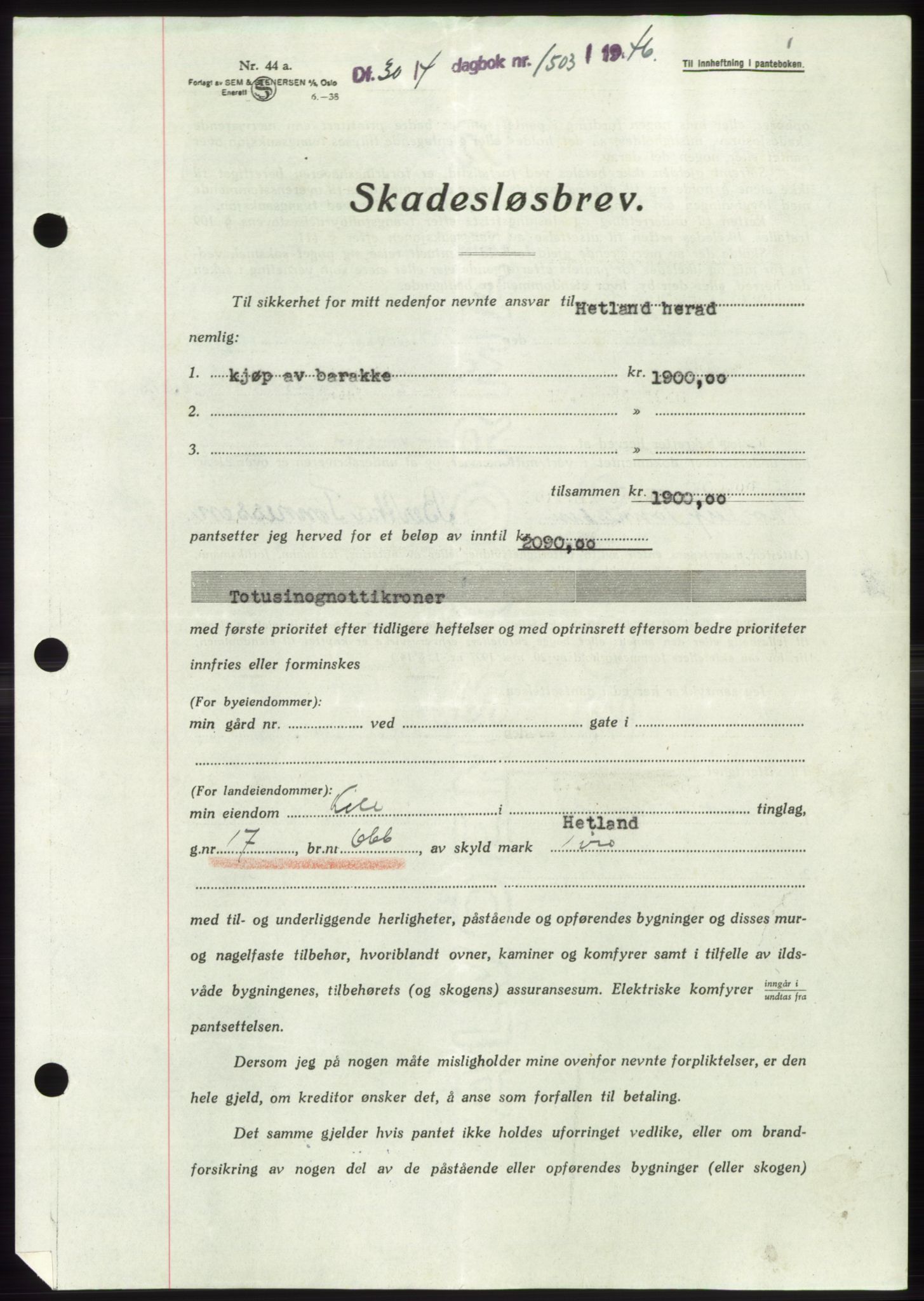 Jæren sorenskriveri, SAST/A-100310/03/G/Gba/L0089: Pantebok, 1946-1946, Dagboknr: 1503/1946