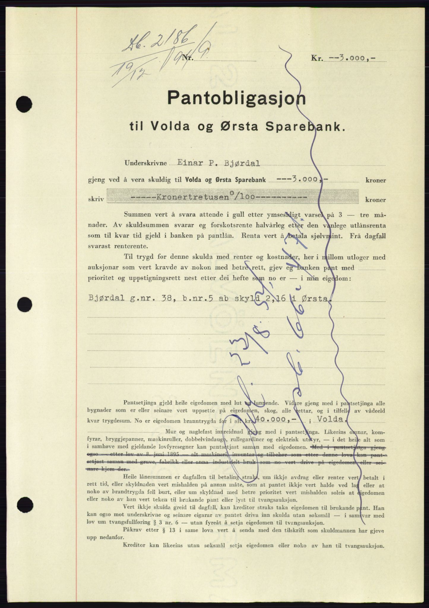 Søre Sunnmøre sorenskriveri, SAT/A-4122/1/2/2C/L0118: Pantebok nr. 6B, 1949-1950, Dagboknr: 2186/1949