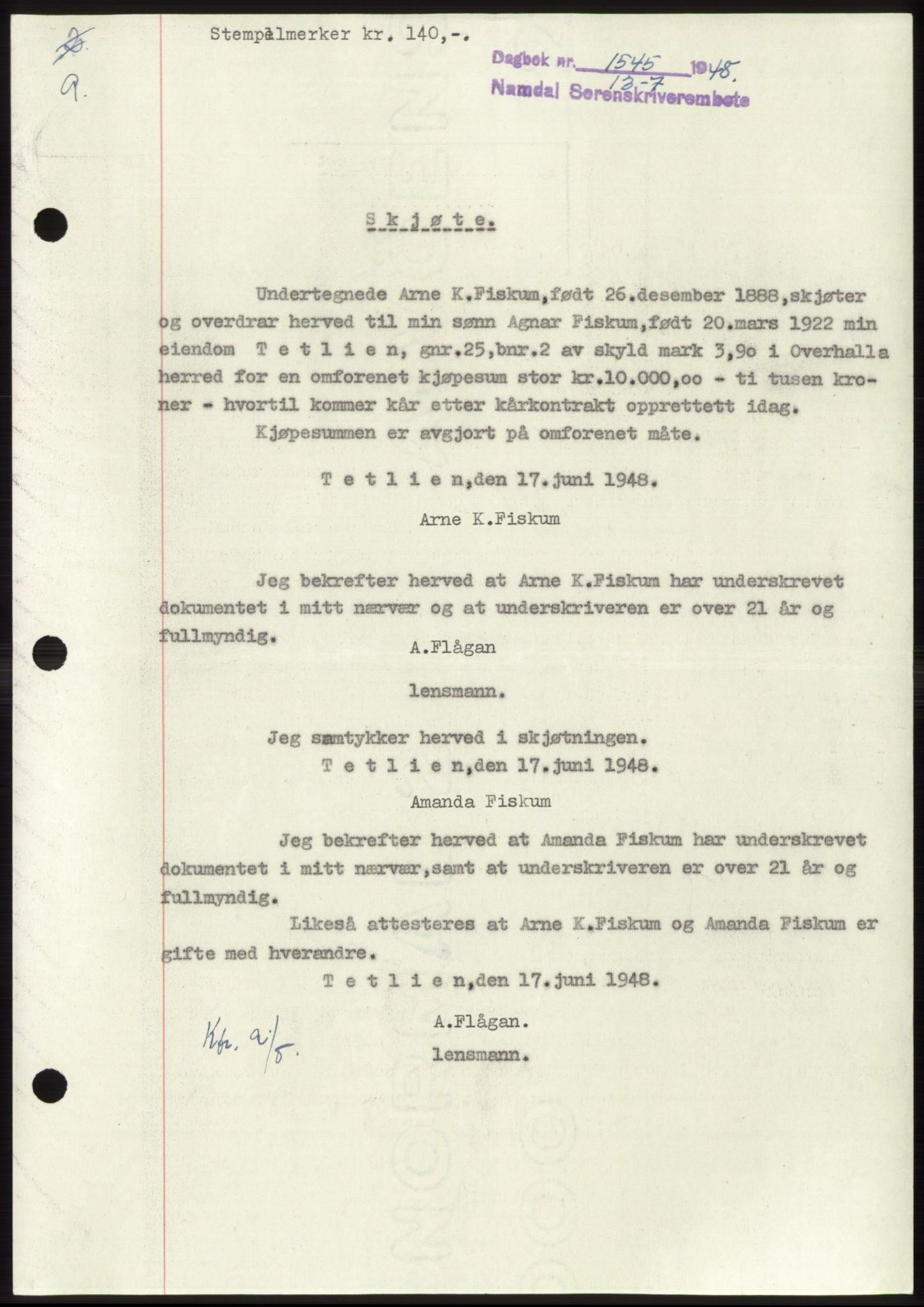 Namdal sorenskriveri, SAT/A-4133/1/2/2C: Pantebok nr. -, 1948-1948, Dagboknr: 1545/1948