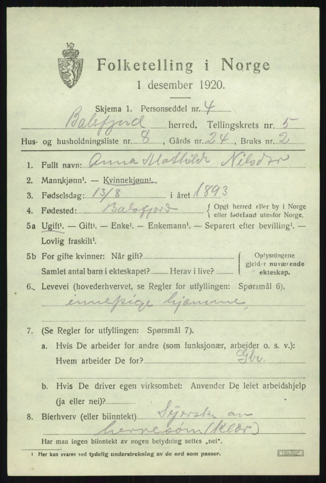 SATØ, Folketelling 1920 for 1933 Balsfjord herred, 1920, s. 3206