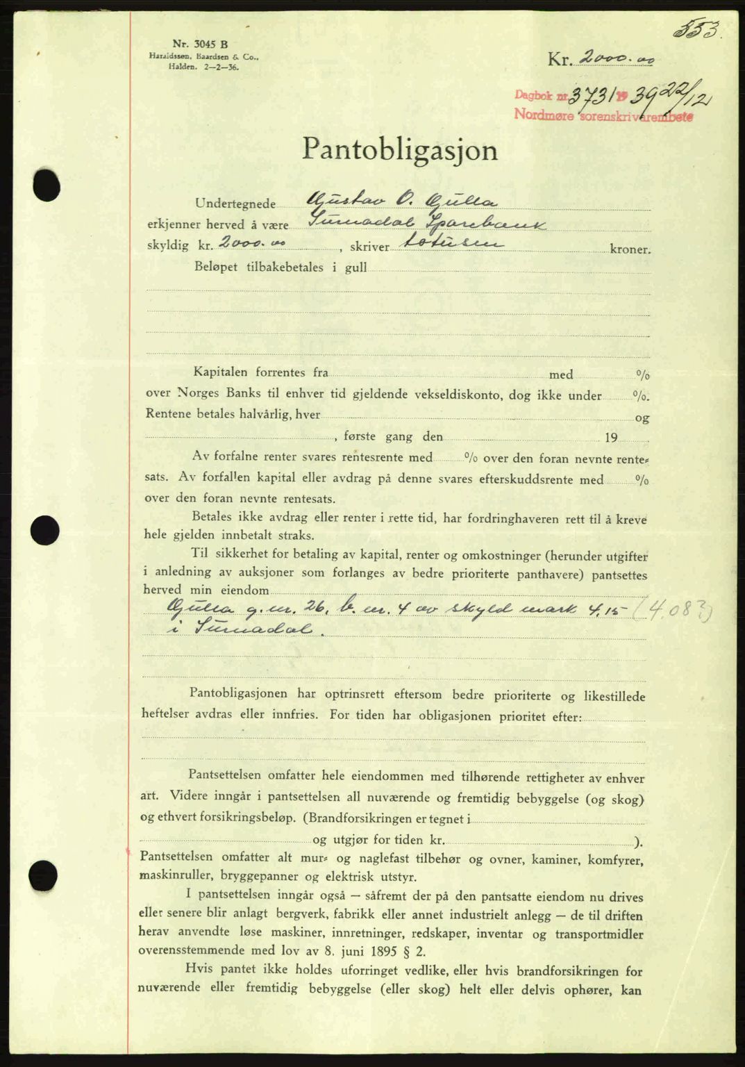 Nordmøre sorenskriveri, AV/SAT-A-4132/1/2/2Ca: Pantebok nr. B86, 1939-1940, Dagboknr: 3731/1939