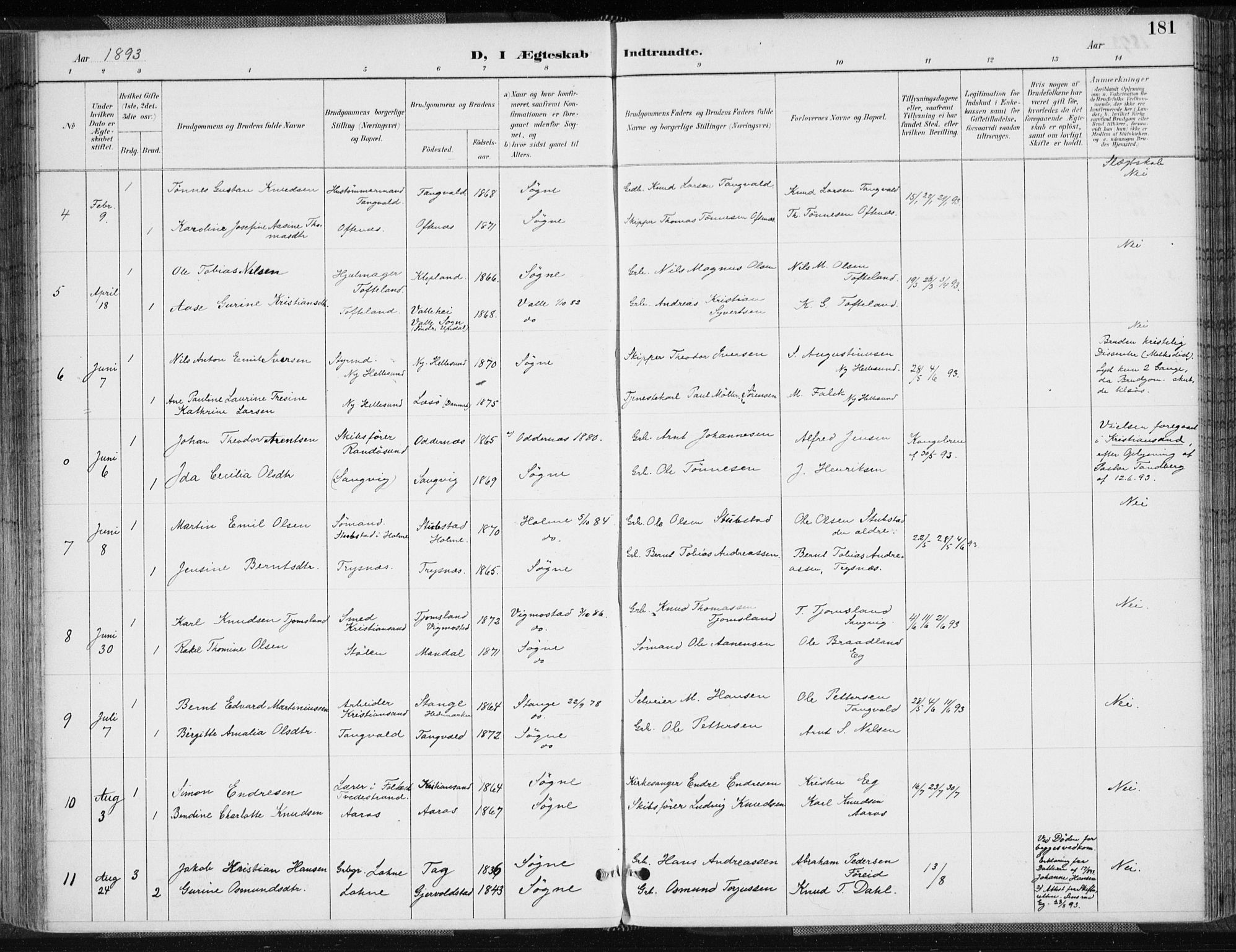 Søgne sokneprestkontor, AV/SAK-1111-0037/F/Fa/Fab/L0013: Ministerialbok nr. A 13, 1892-1911, s. 181