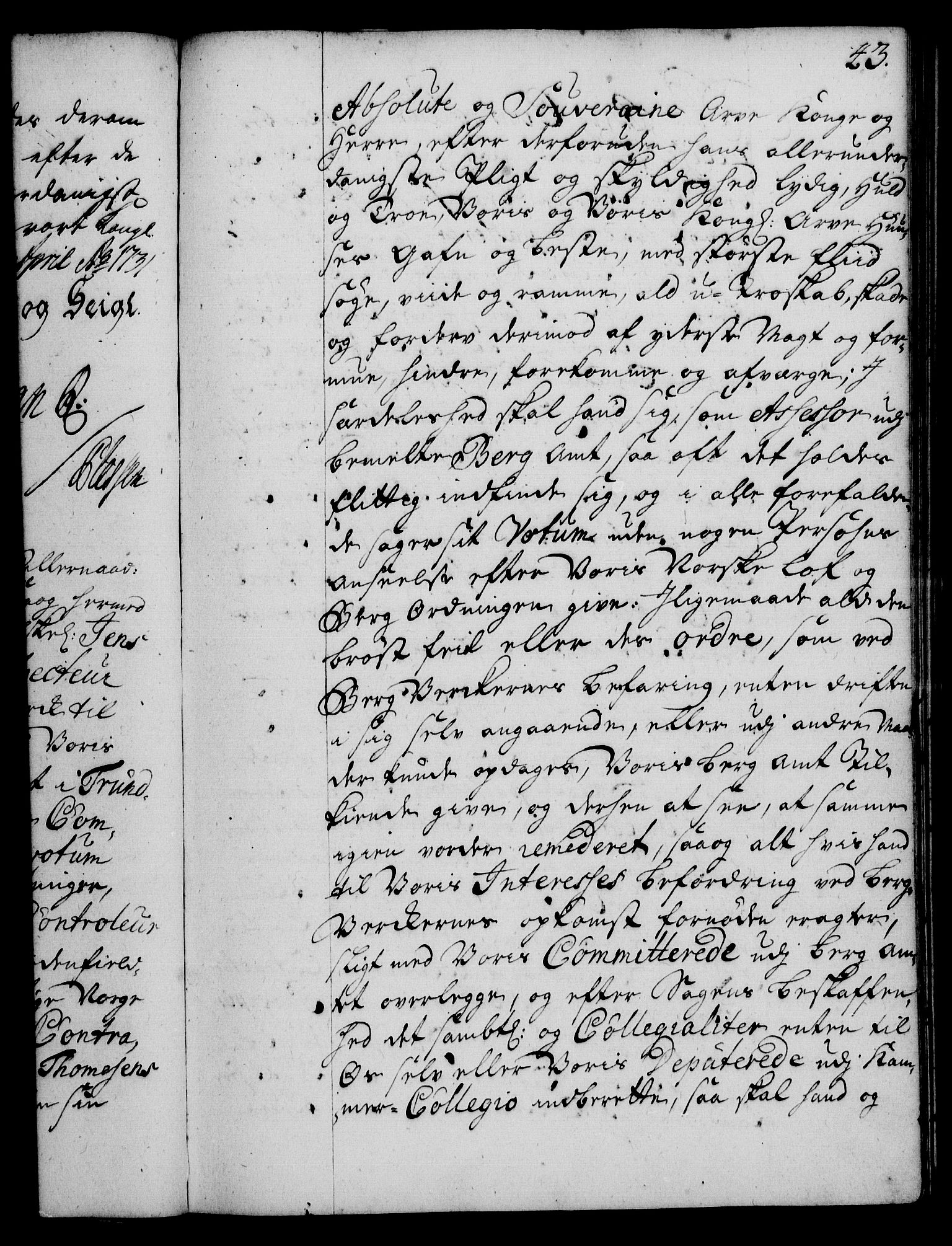 Rentekammeret, Kammerkanselliet, RA/EA-3111/G/Gg/Gge/L0002: Norsk bestallingsprotokoll med register (merket RK 53.26), 1730-1744, s. 43