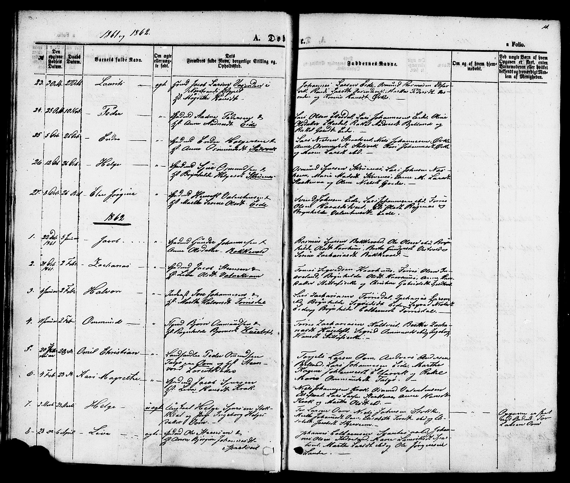 Skjold sokneprestkontor, SAST/A-101847/H/Ha/Haa/L0007: Ministerialbok nr. A 7, 1857-1882, s. 14