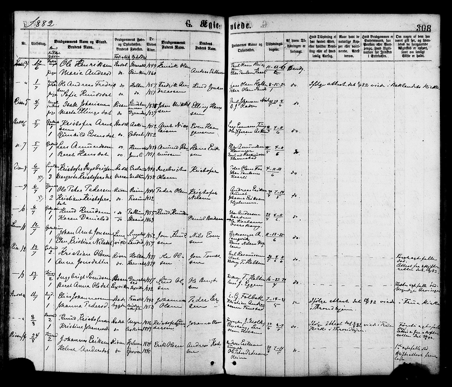 Ministerialprotokoller, klokkerbøker og fødselsregistre - Sør-Trøndelag, AV/SAT-A-1456/646/L0613: Ministerialbok nr. 646A11, 1870-1884, s. 308