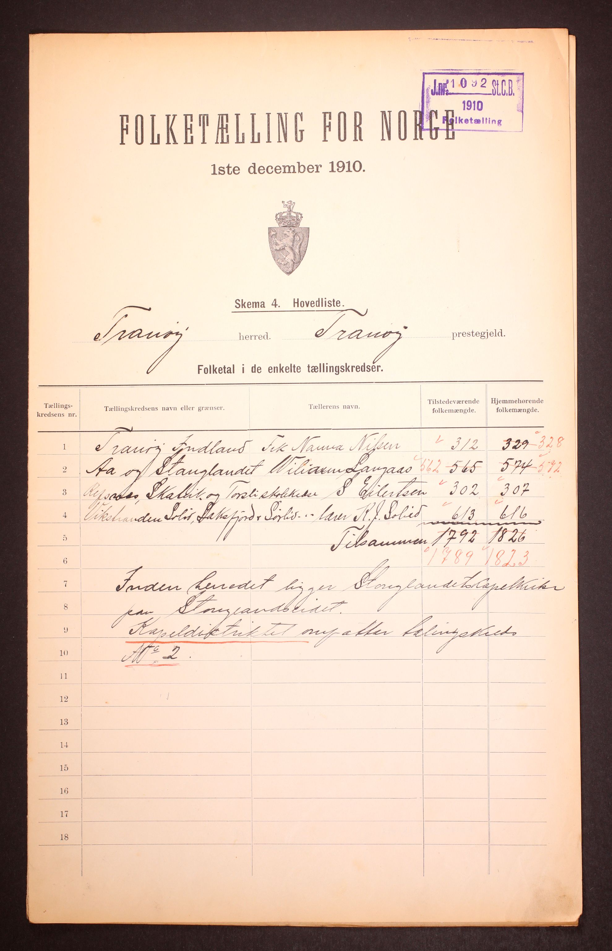 RA, Folketelling 1910 for 1927 Tranøy herred, 1910, s. 2