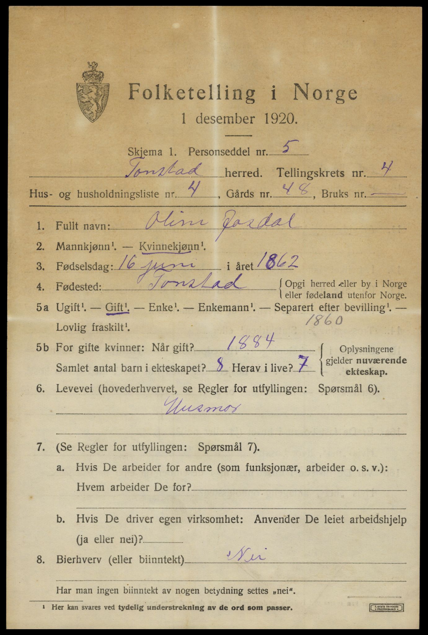 SAK, Folketelling 1920 for 1046 Tonstad herred, 1920, s. 1322