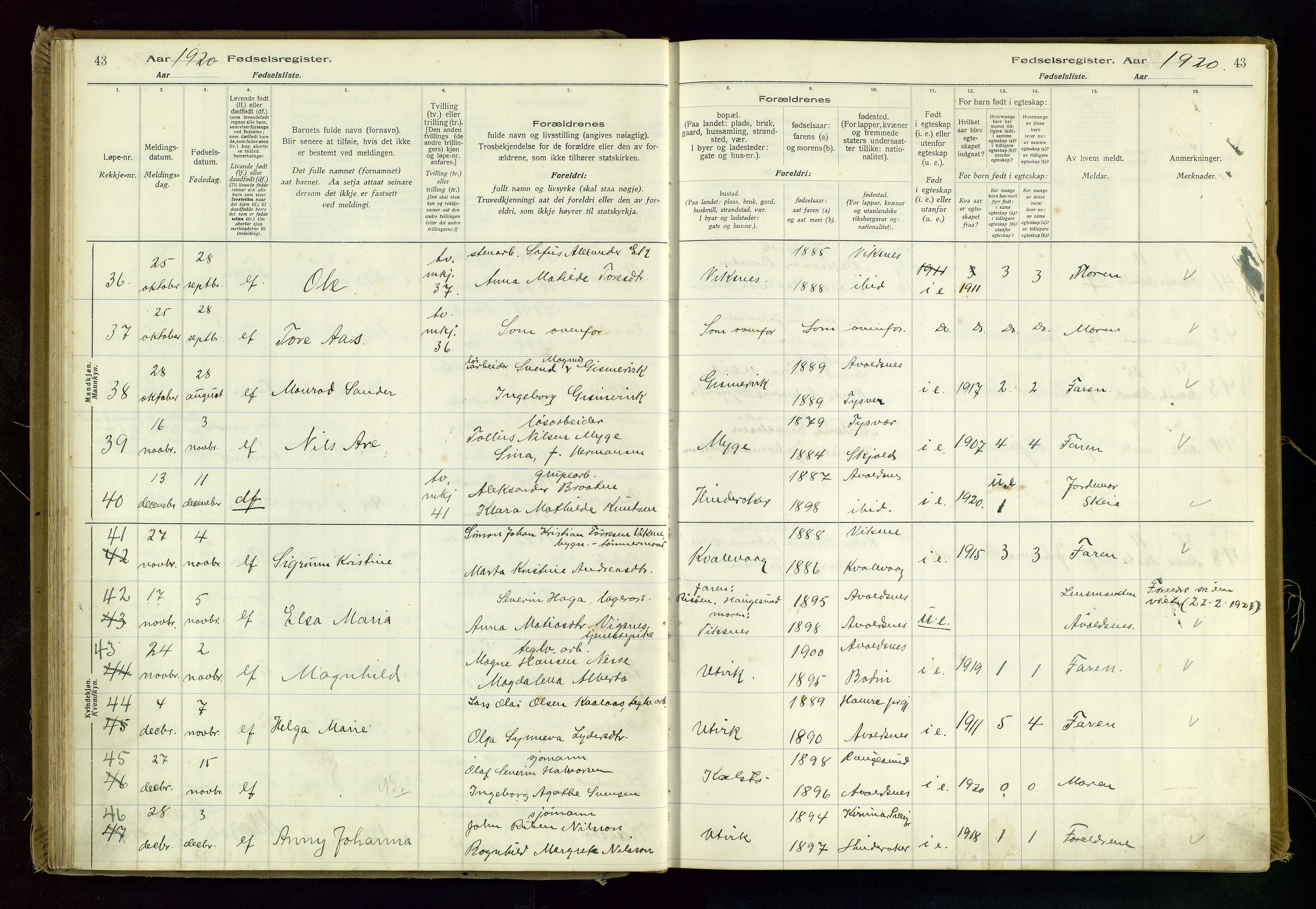 Avaldsnes sokneprestkontor, SAST/A -101851/I/Id/L0001: Fødselsregister nr. 1, 1916-1946, s. 43
