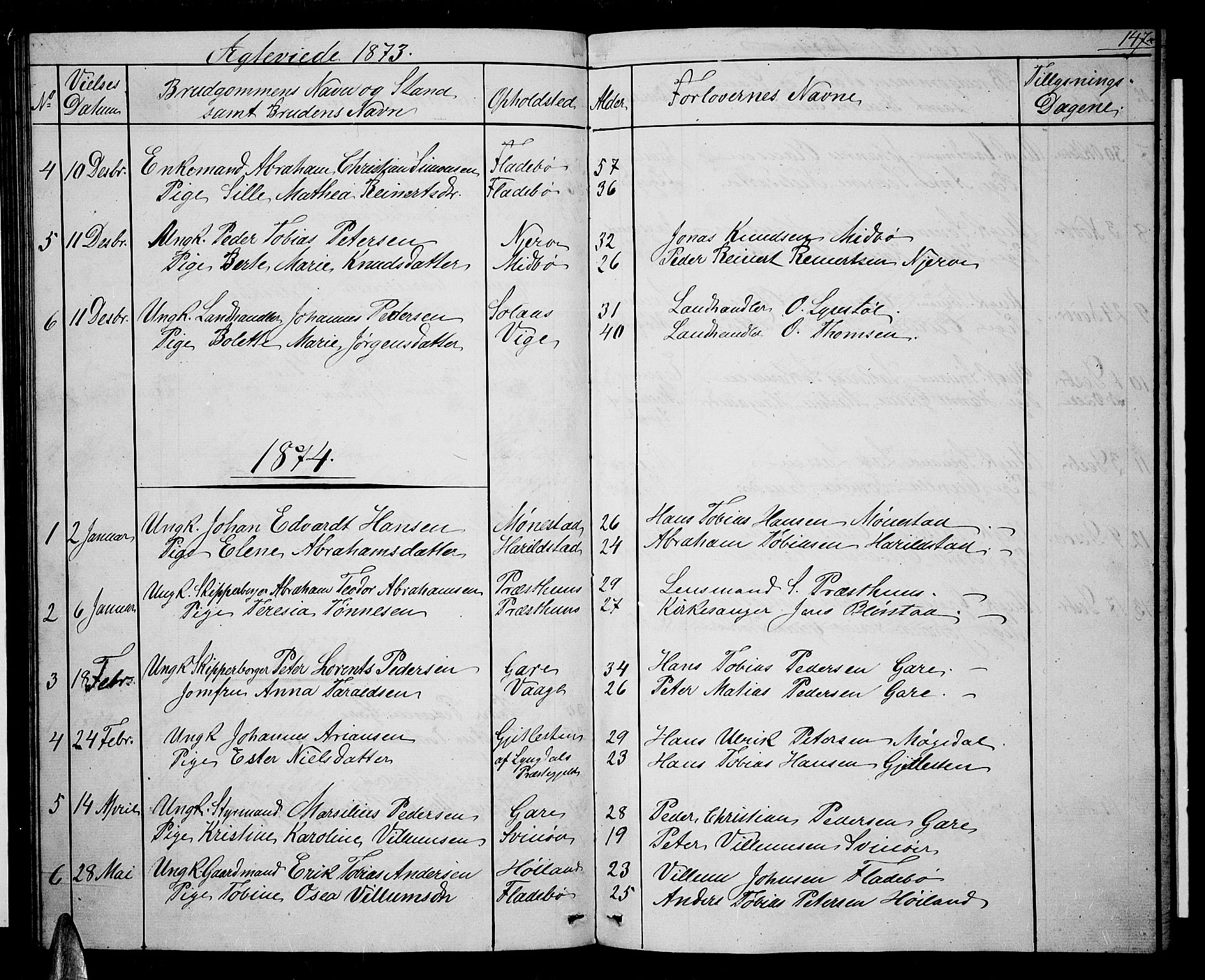 Sør-Audnedal sokneprestkontor, SAK/1111-0039/F/Fb/Fba/L0002: Klokkerbok nr. B 2, 1853-1878, s. 147