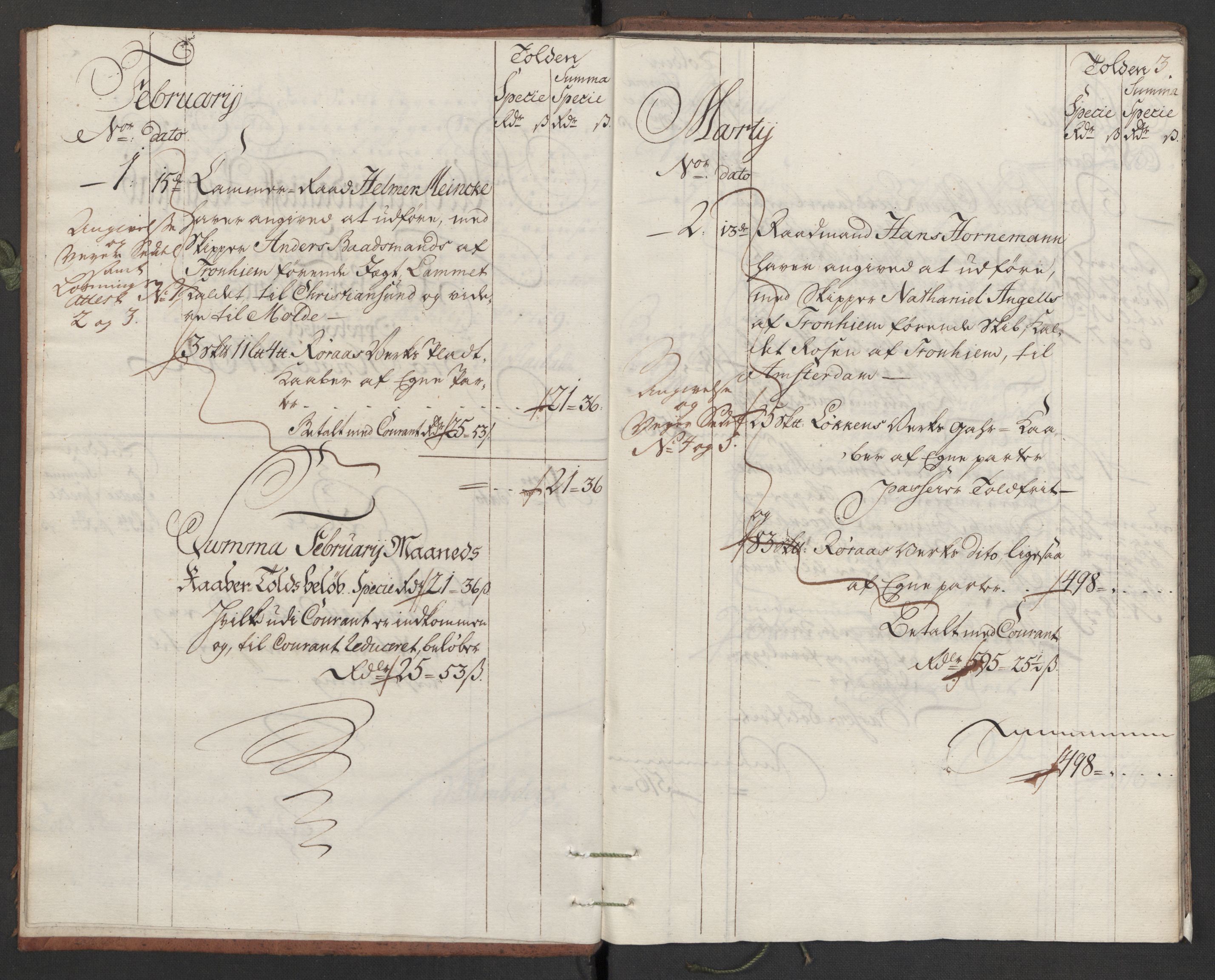 Generaltollkammeret, tollregnskaper, AV/RA-EA-5490/R34/L0010/0001: Koppertollregnskaper Trondheim B / Tollbok for koppertollen, 1760