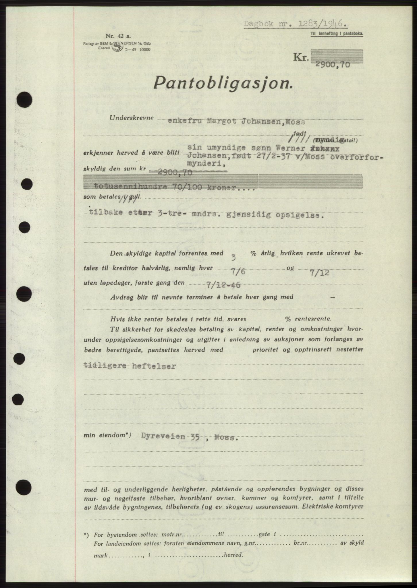 Moss sorenskriveri, SAO/A-10168: Pantebok nr. B15, 1946-1946, Dagboknr: 1283/1946