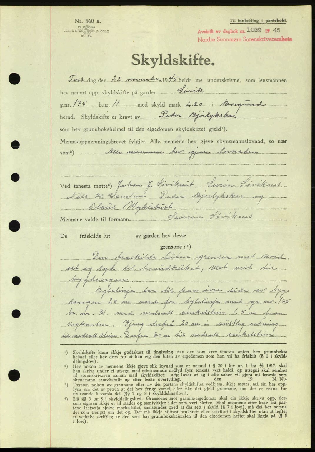 Nordre Sunnmøre sorenskriveri, AV/SAT-A-0006/1/2/2C/2Ca: Pantebok nr. A20a, 1945-1945, Dagboknr: 1039/1945