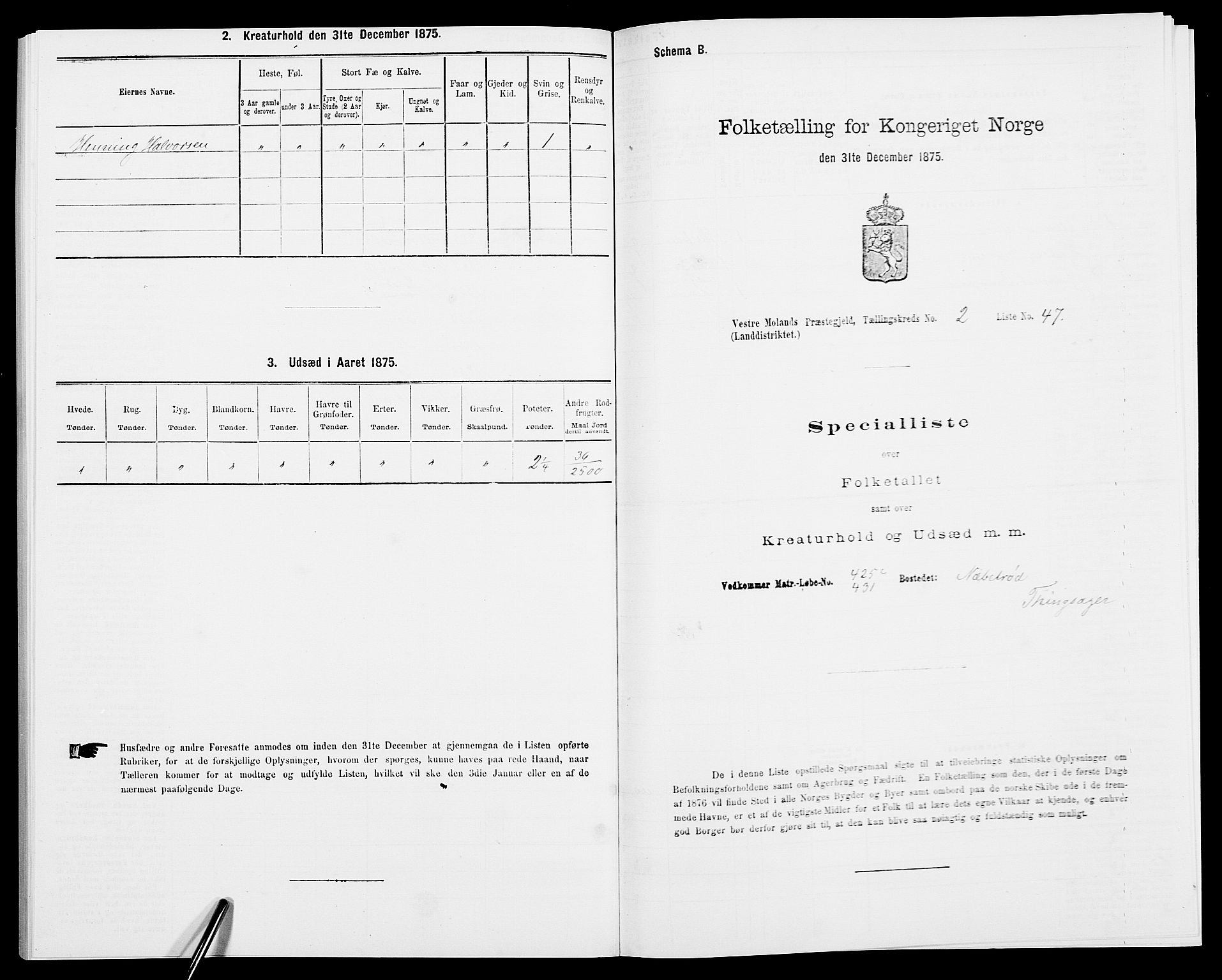 SAK, Folketelling 1875 for 0926L Vestre Moland prestegjeld, Vestre Moland sokn, 1875, s. 269