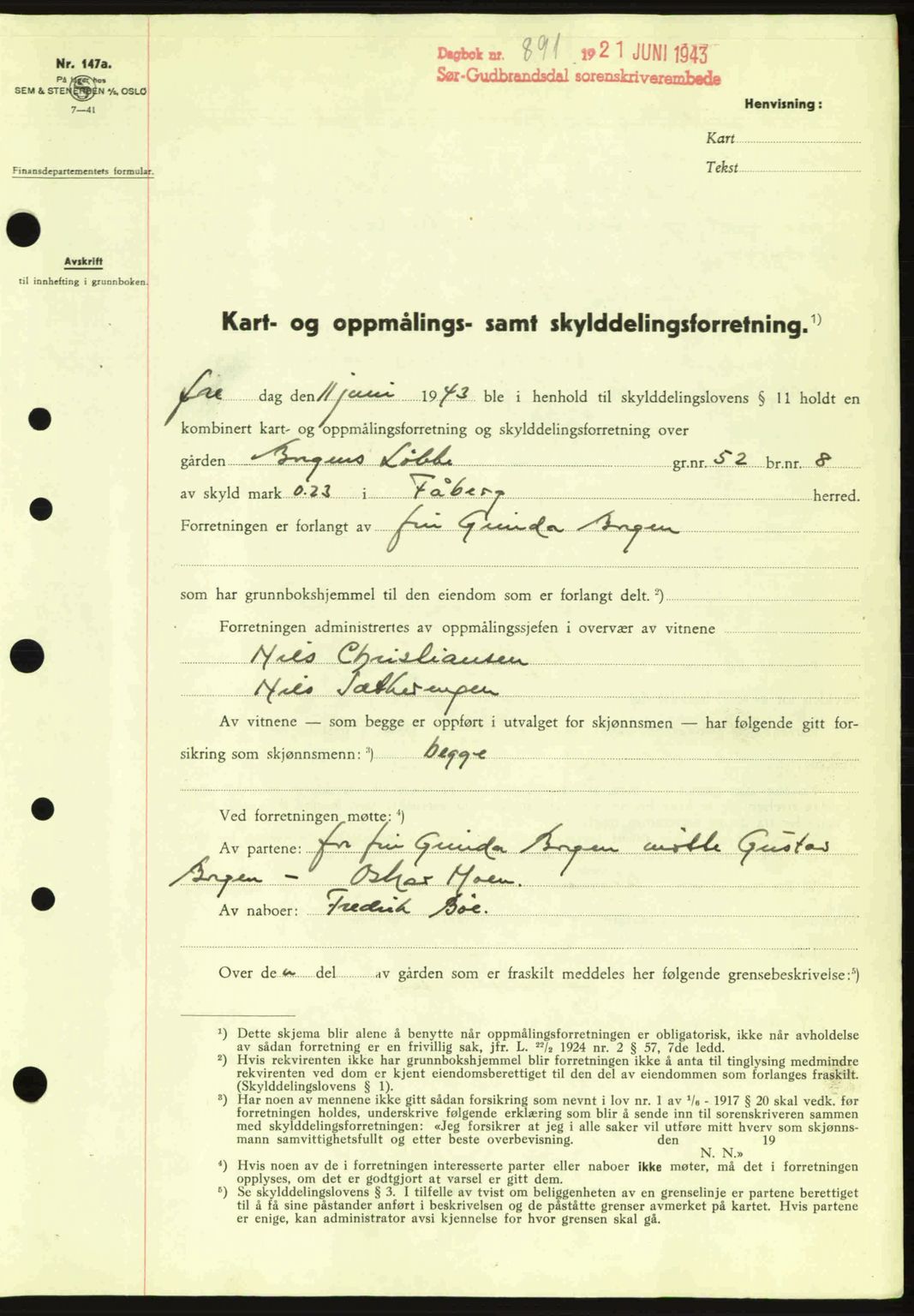 Sør-Gudbrandsdal tingrett, SAH/TING-004/H/Hb/Hbd/L0012: Pantebok nr. A12, 1943-1944, Dagboknr: 891/1943