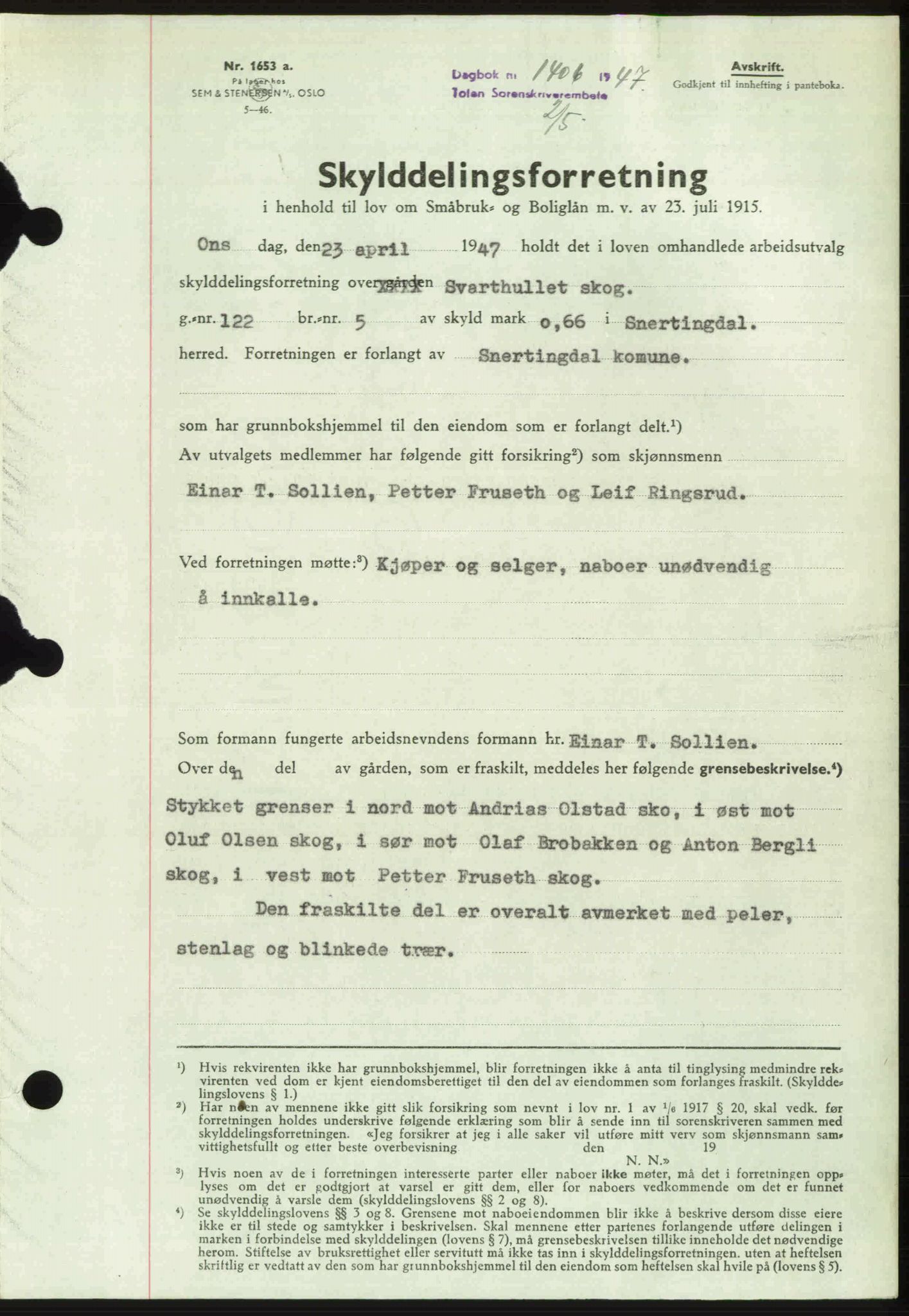 Toten tingrett, AV/SAH-TING-006/H/Hb/Hbc/L0017: Pantebok nr. Hbc-17, 1947-1947, Dagboknr: 1406/1947