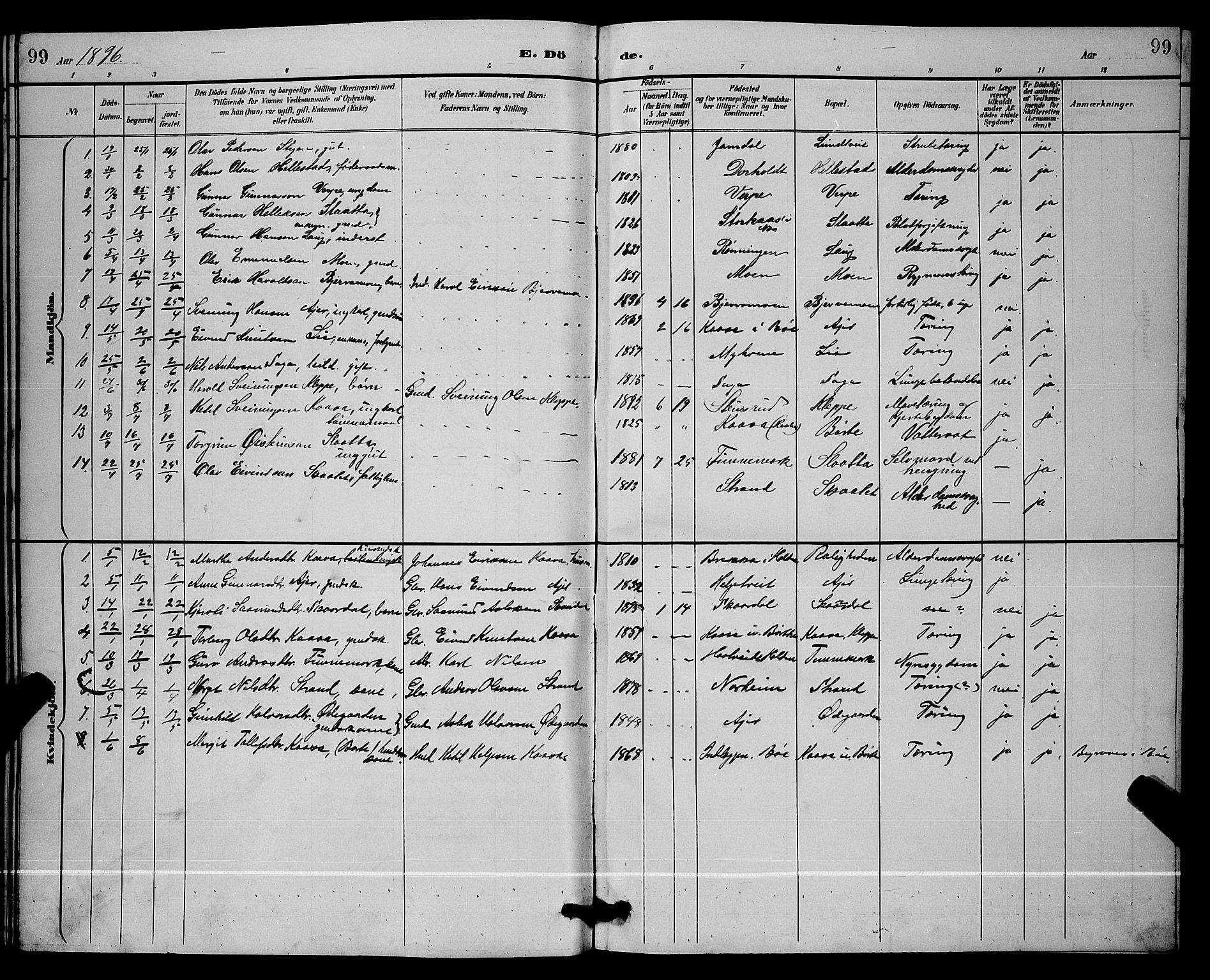 Lunde kirkebøker, AV/SAKO-A-282/G/Ga/L0002: Klokkerbok nr. I 2, 1887-1896, s. 99
