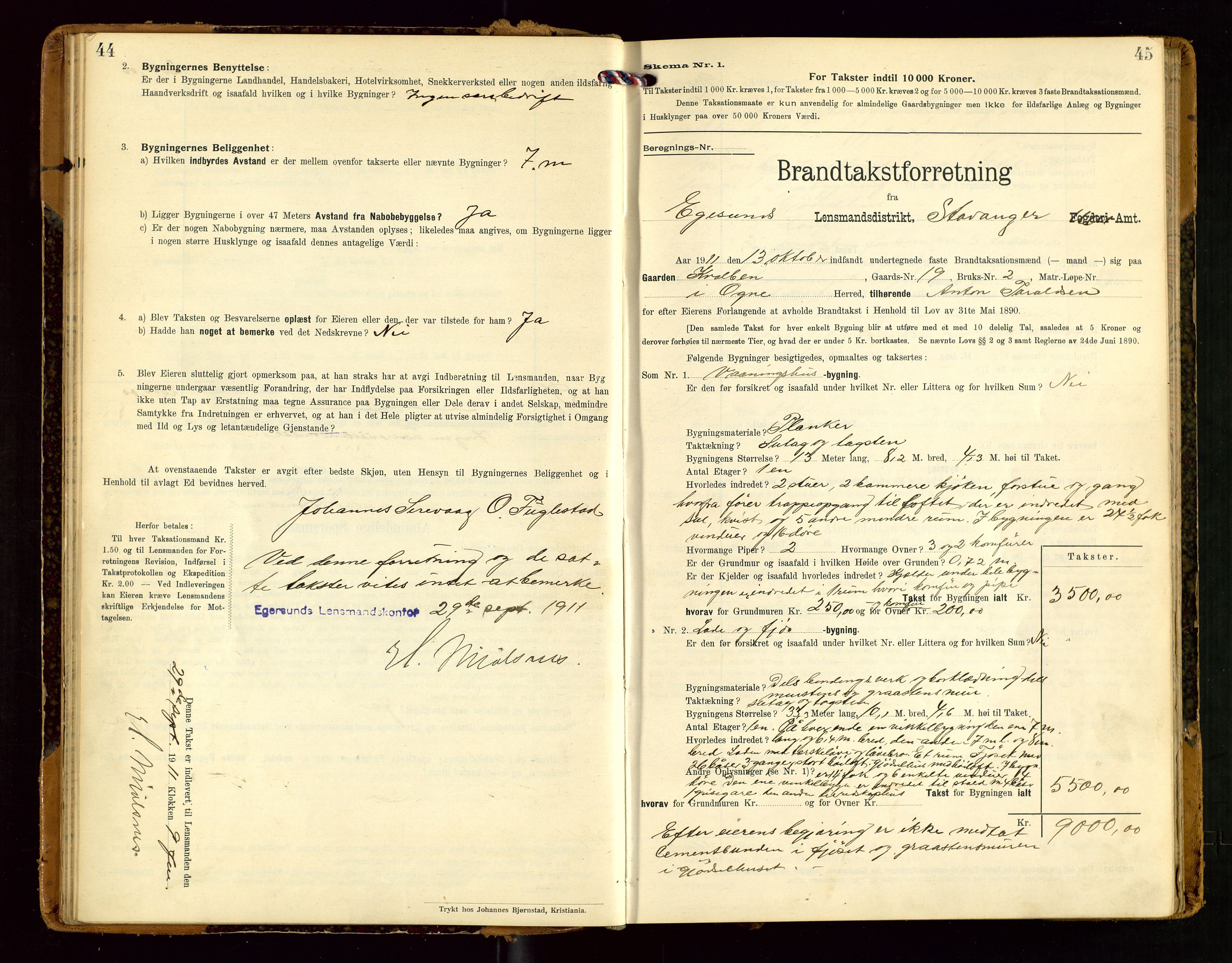 Eigersund lensmannskontor, SAST/A-100171/Gob/L0002: "Brandtakstprotokol", 1910-1916, s. 44-45