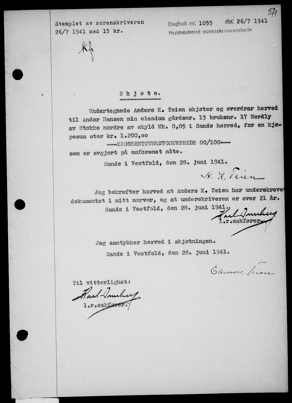 Holmestrand sorenskriveri, SAKO/A-67/G/Ga/Gaa/L0053: Pantebok nr. A-53, 1941-1941, Dagboknr: 1055/1941