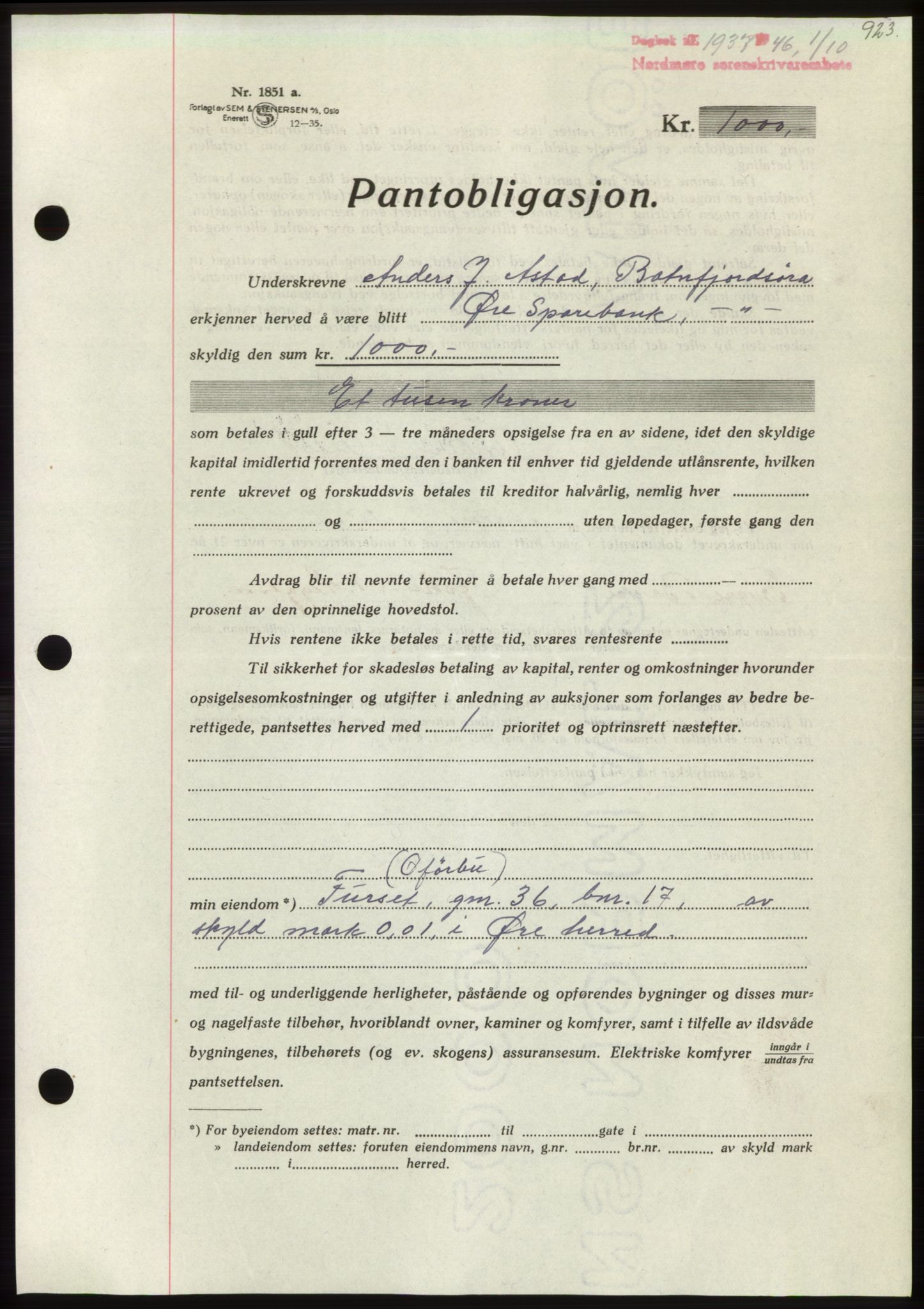 Nordmøre sorenskriveri, SAT/A-4132/1/2/2Ca: Pantebok nr. B94, 1946-1946, Dagboknr: 1937/1946