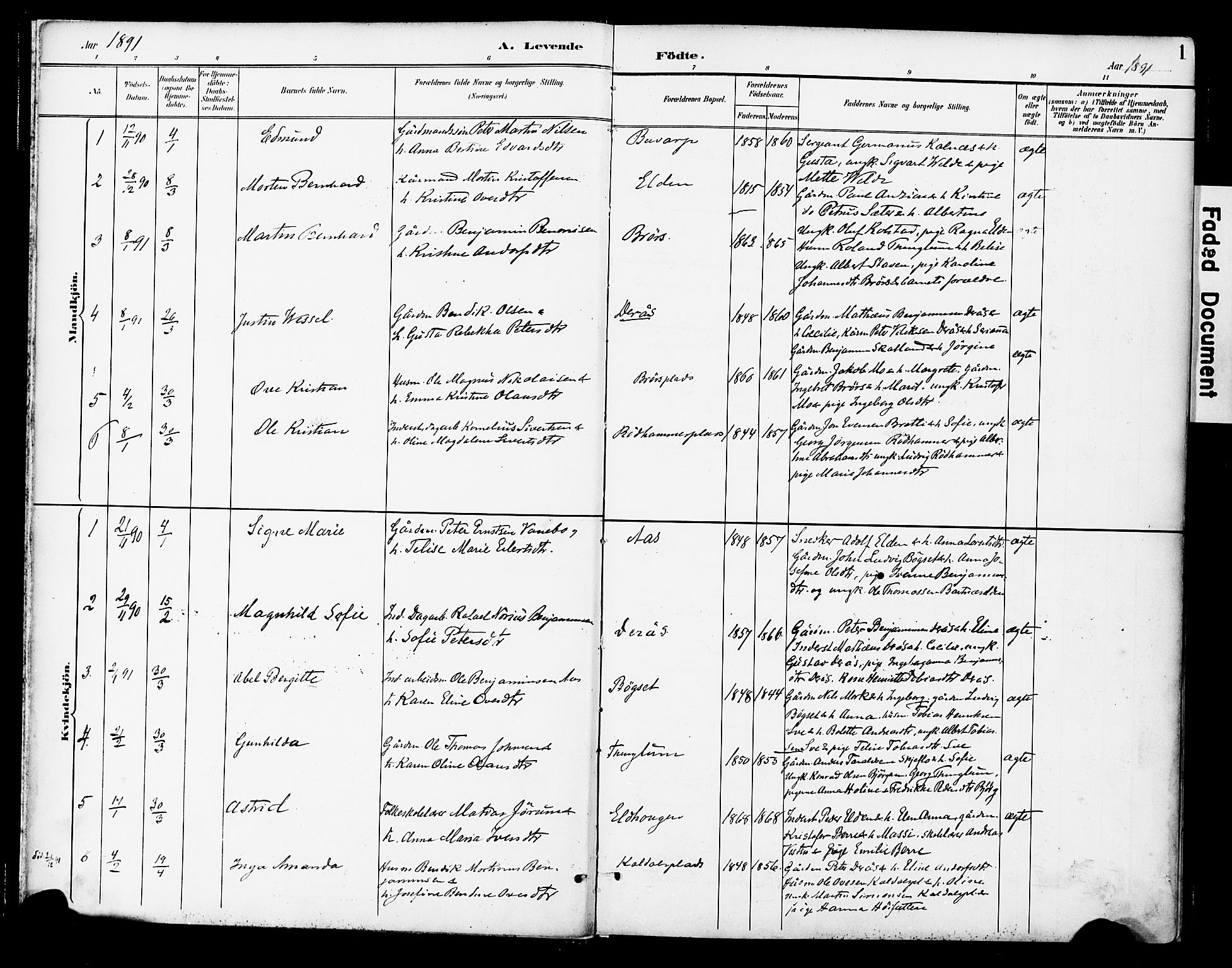 Ministerialprotokoller, klokkerbøker og fødselsregistre - Nord-Trøndelag, AV/SAT-A-1458/742/L0409: Ministerialbok nr. 742A02, 1891-1905, s. 1