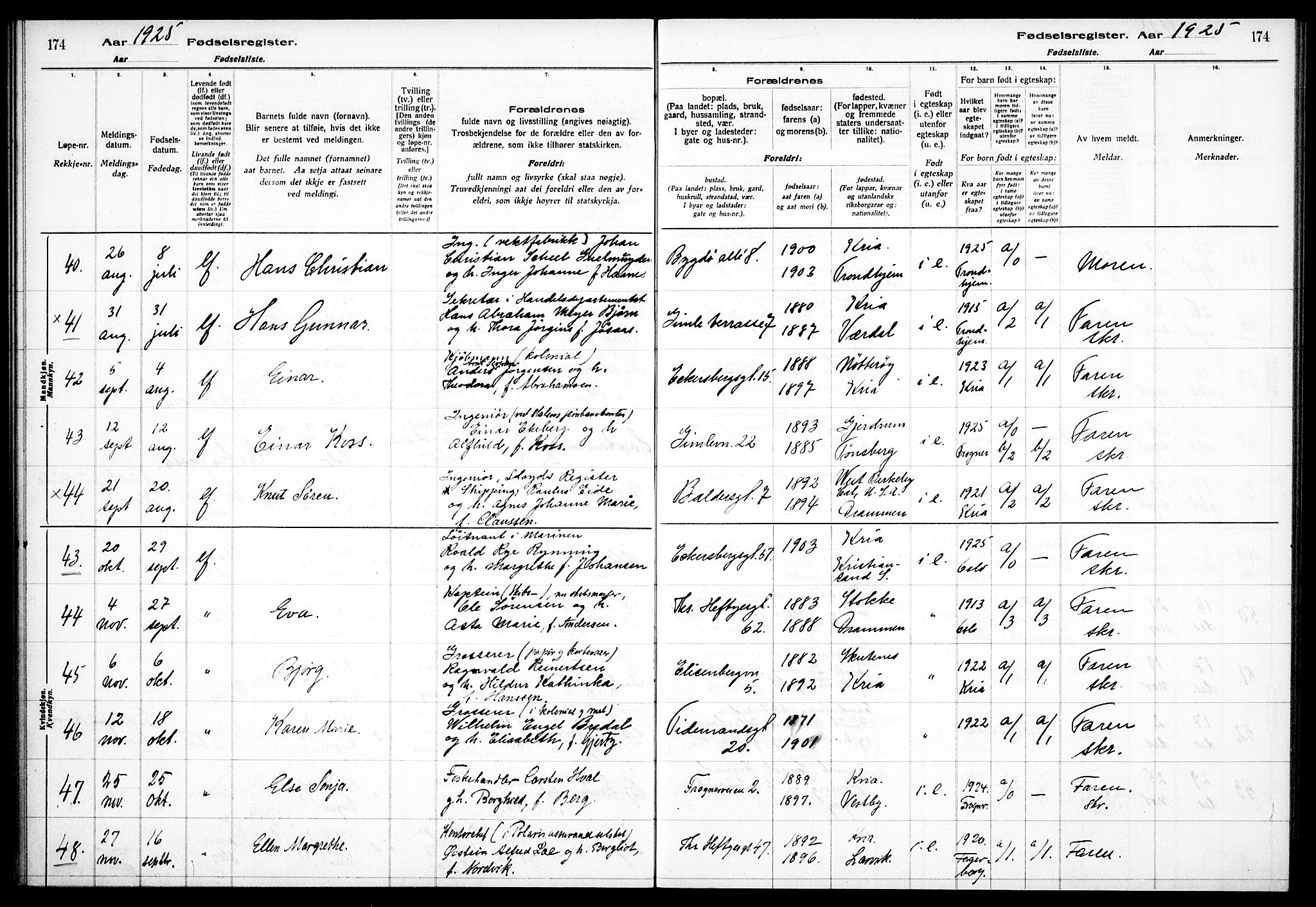 Frogner prestekontor Kirkebøker, AV/SAO-A-10886/J/Ja/L0001: Fødselsregister nr. 1, 1916-1927, s. 174