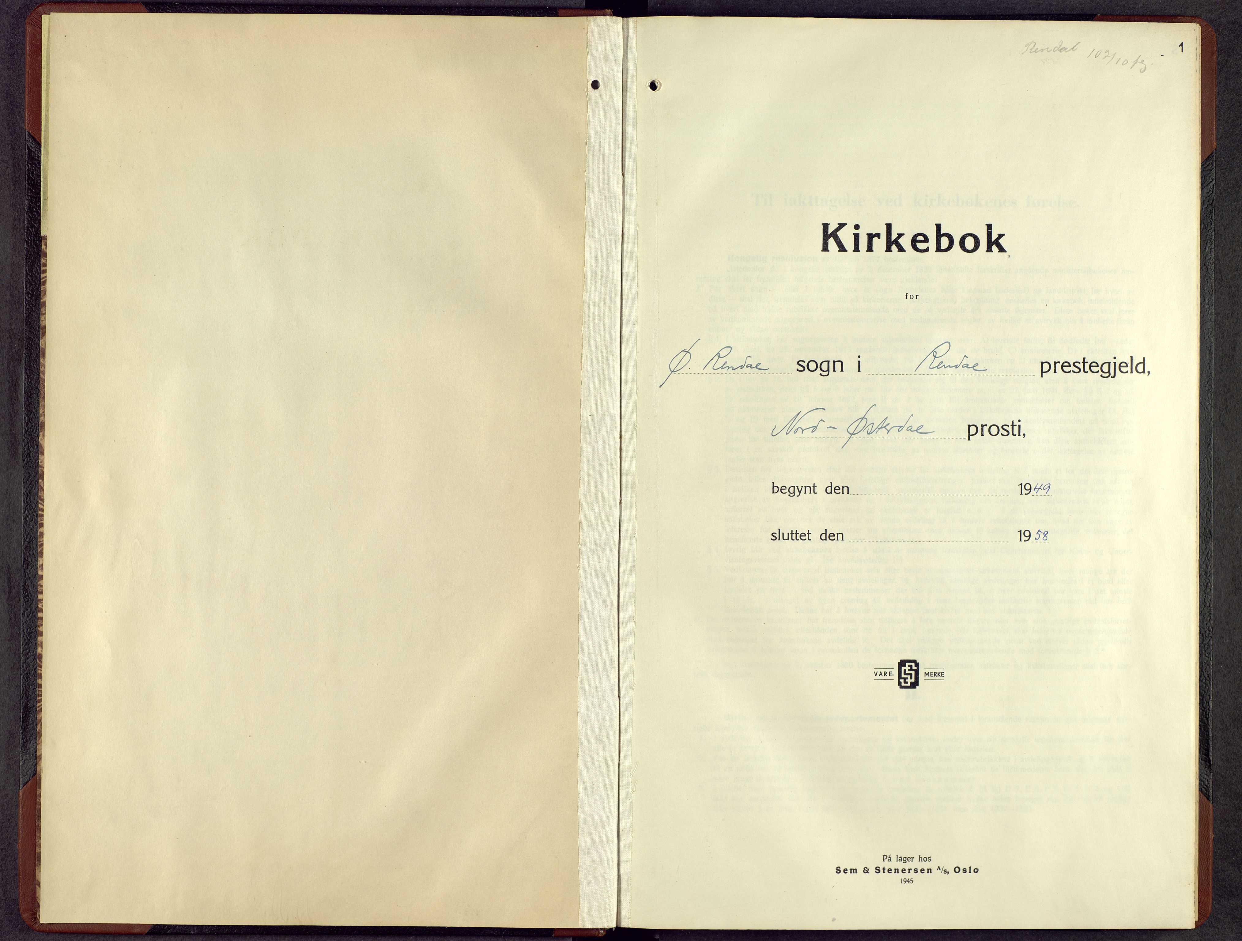 Rendalen prestekontor, SAH/PREST-054/H/Ha/Hab/L0007: Klokkerbok nr. 7, 1949-1958, s. 1