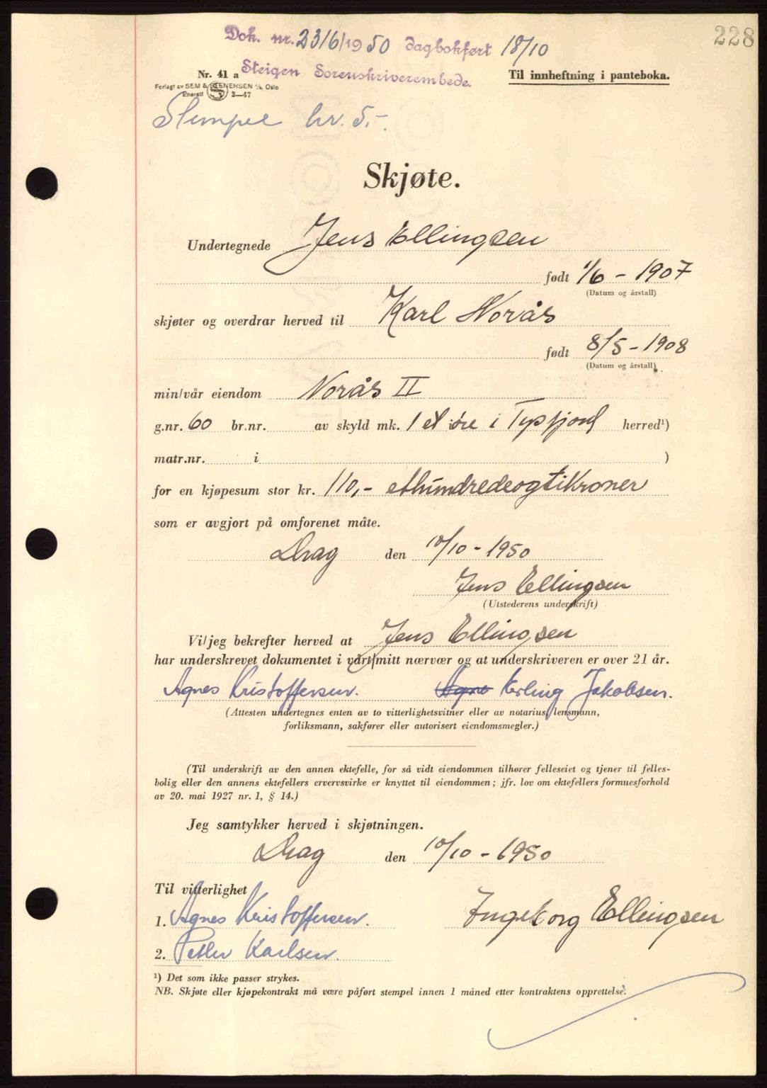 Steigen og Ofoten sorenskriveri, SAT/A-0030/1/2/2C: Pantebok nr. A21, 1950-1950, Dagboknr: 2316/1950