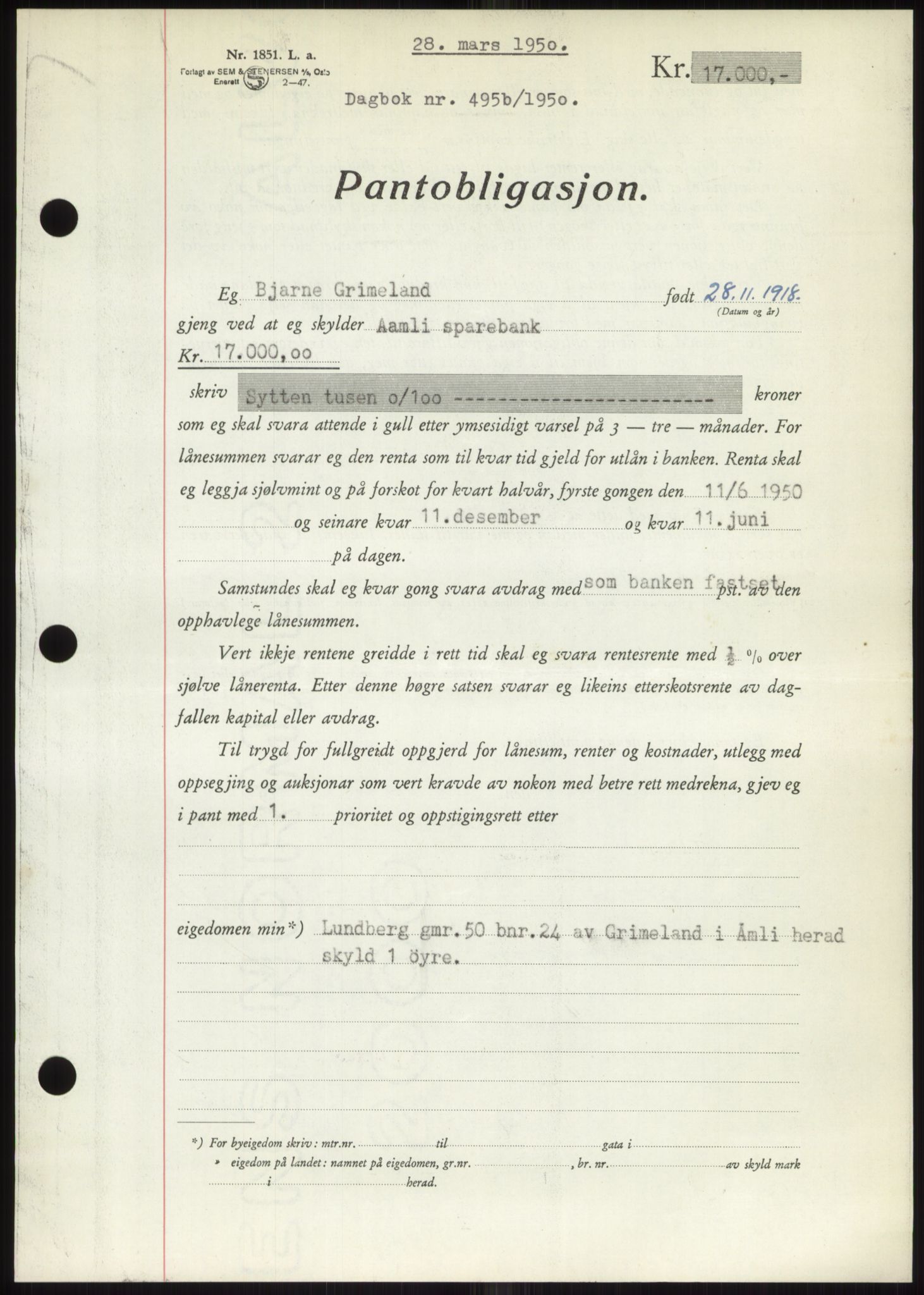 Nedenes sorenskriveri, AV/SAK-1221-0006/G/Gb/Gbb/L0007: Pantebok nr. B7, 1949-1950, Dagboknr: 495/1950