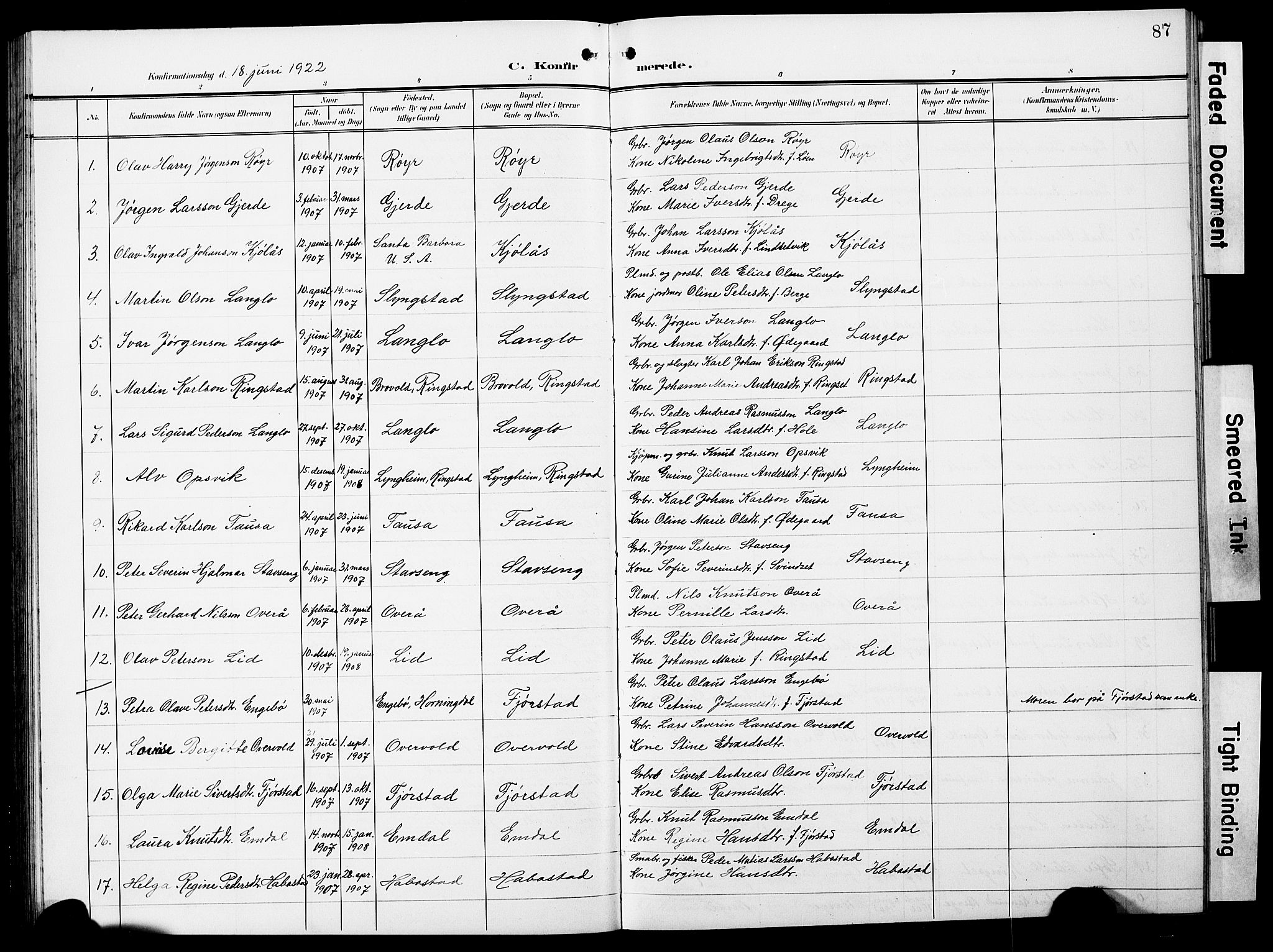 Ministerialprotokoller, klokkerbøker og fødselsregistre - Møre og Romsdal, AV/SAT-A-1454/520/L0293: Klokkerbok nr. 520C05, 1902-1923, s. 87