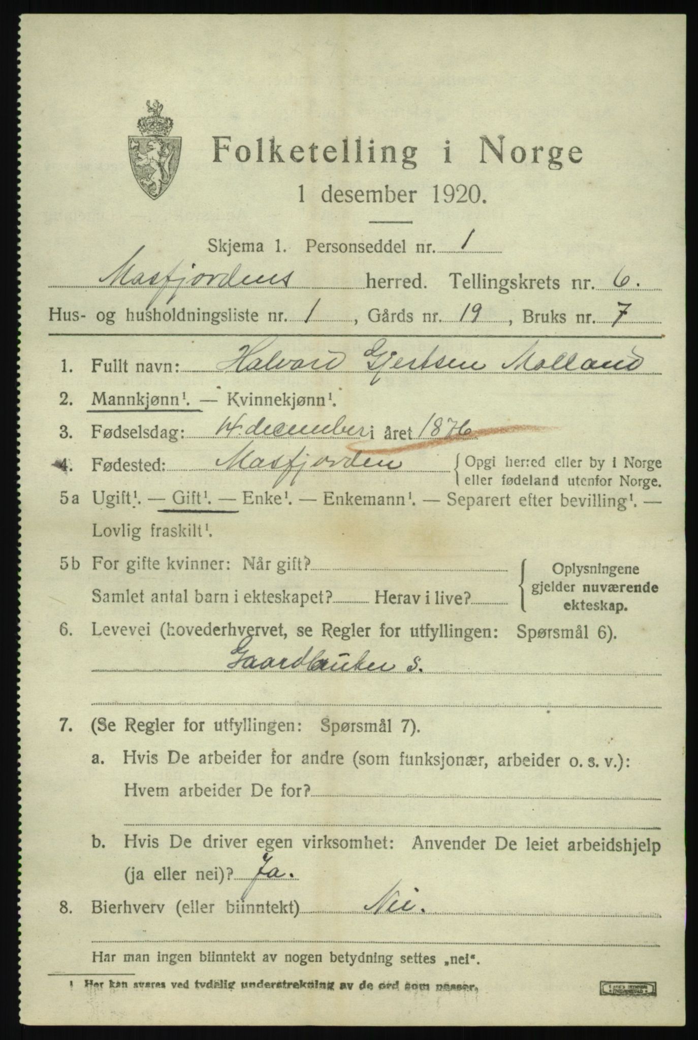 SAB, Folketelling 1920 for 1266 Masfjorden herred, 1920, s. 2391