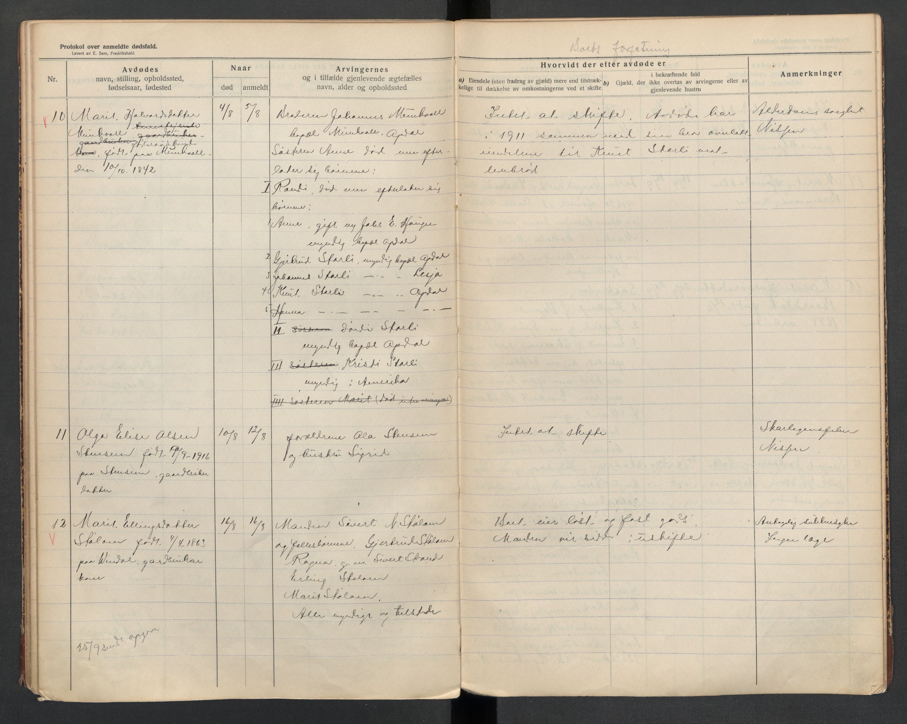 Oppdal lensmannskontor, AV/SAT-A-1073/1/02/L0002: 2.01.02 Dødsfallsprotokoll, 1911-1919