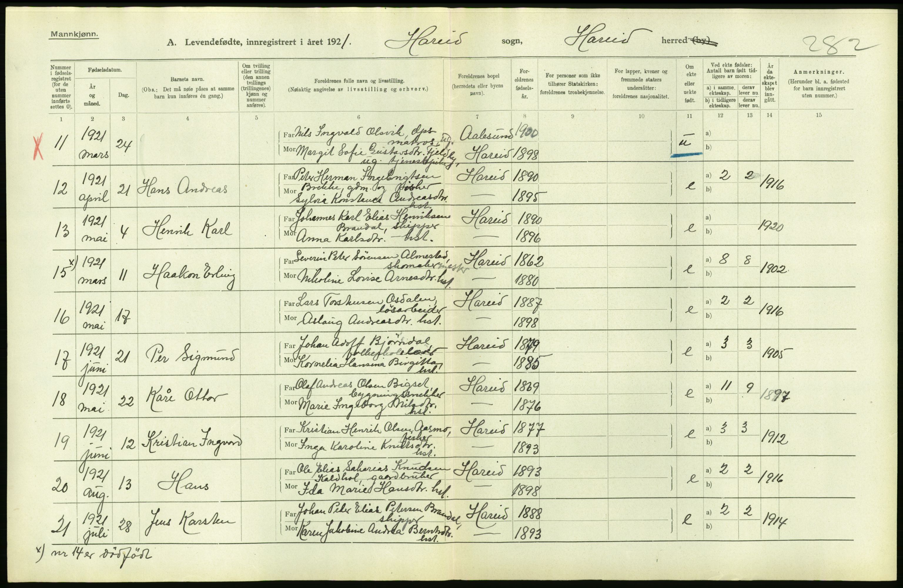 Statistisk sentralbyrå, Sosiodemografiske emner, Befolkning, RA/S-2228/D/Df/Dfc/Dfca/L0040: Møre fylke: Levendefødte menn og kvinner. Bygder., 1921, s. 48