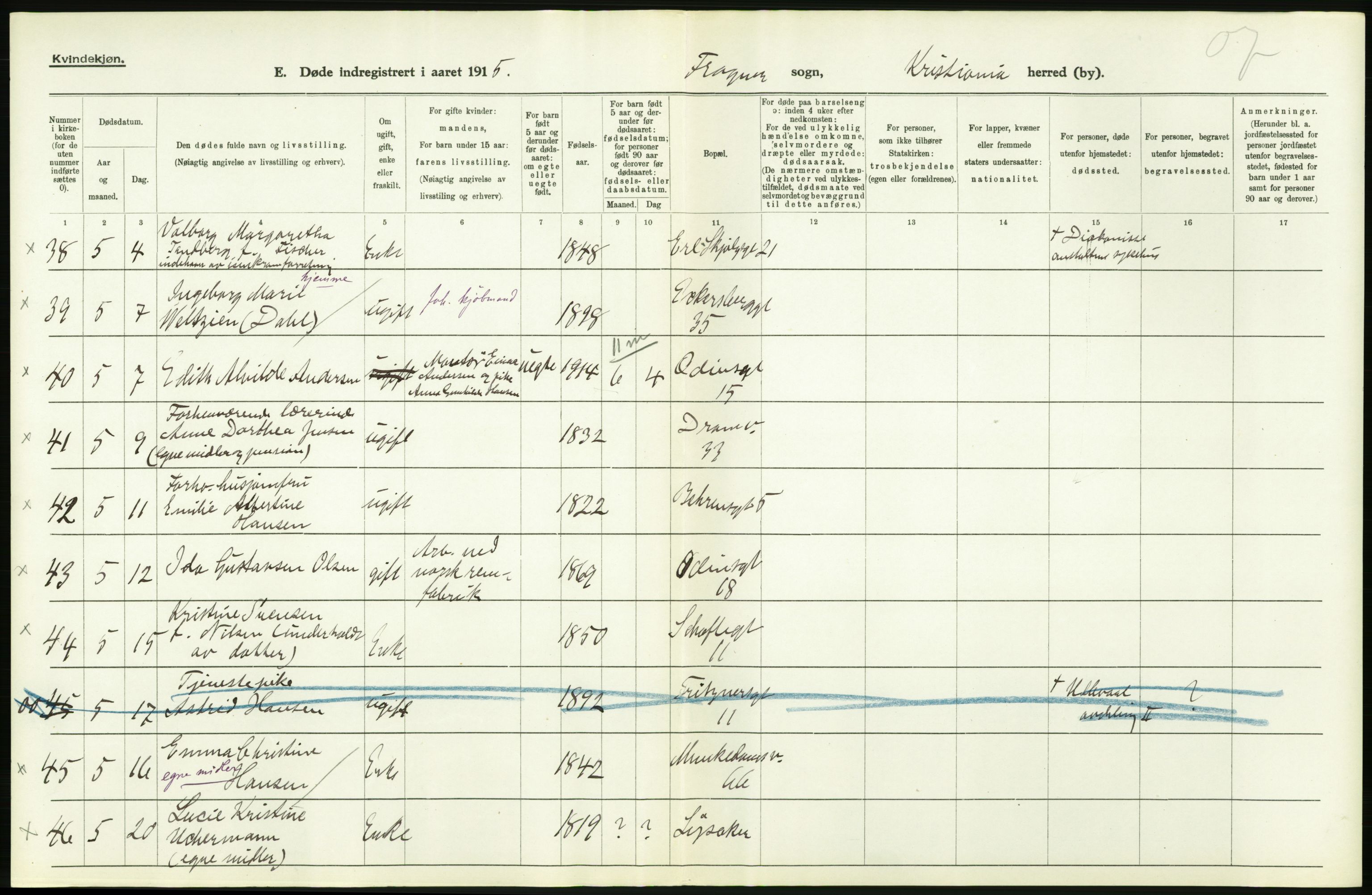 Statistisk sentralbyrå, Sosiodemografiske emner, Befolkning, AV/RA-S-2228/D/Df/Dfb/Dfbe/L0009: Kristiania: Døde., 1915, s. 460