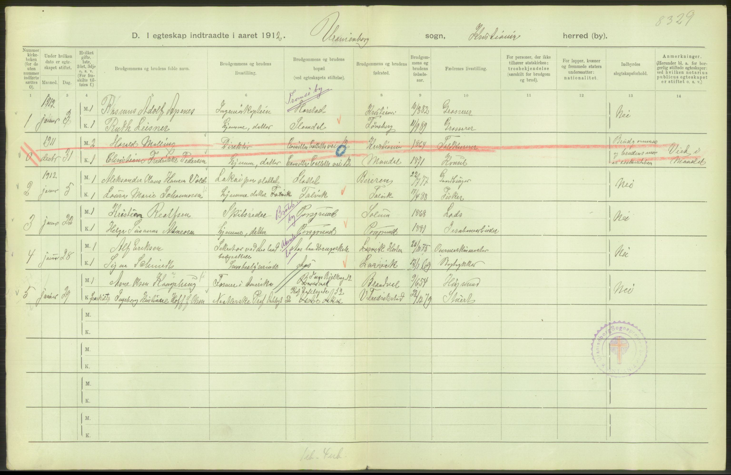 Statistisk sentralbyrå, Sosiodemografiske emner, Befolkning, AV/RA-S-2228/D/Df/Dfb/Dfbb/L0008: Kristiania: Gifte, 1912, s. 586