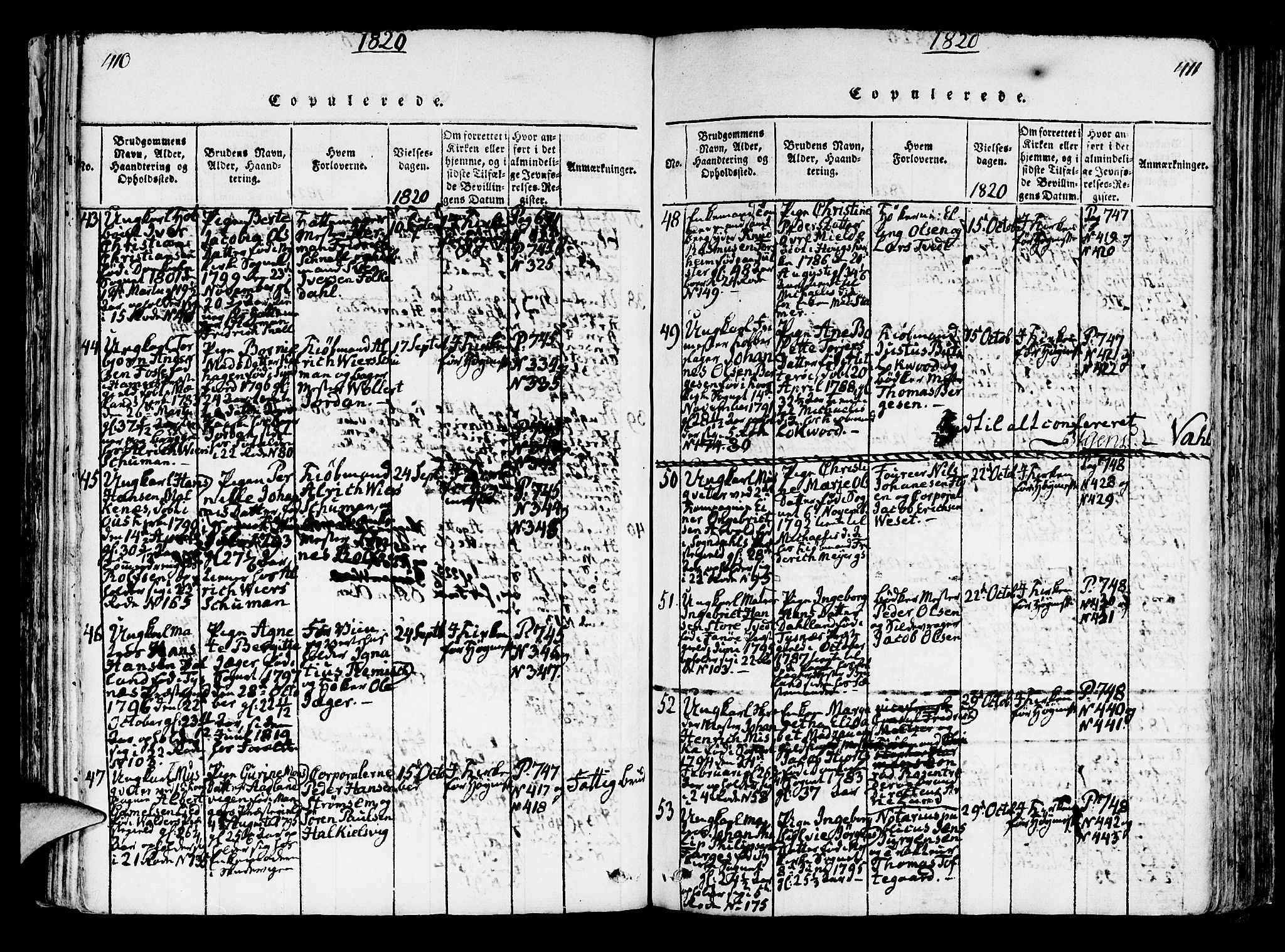 Korskirken sokneprestembete, SAB/A-76101/H/Hab: Klokkerbok nr. A 1b, 1815-1821, s. 410-411