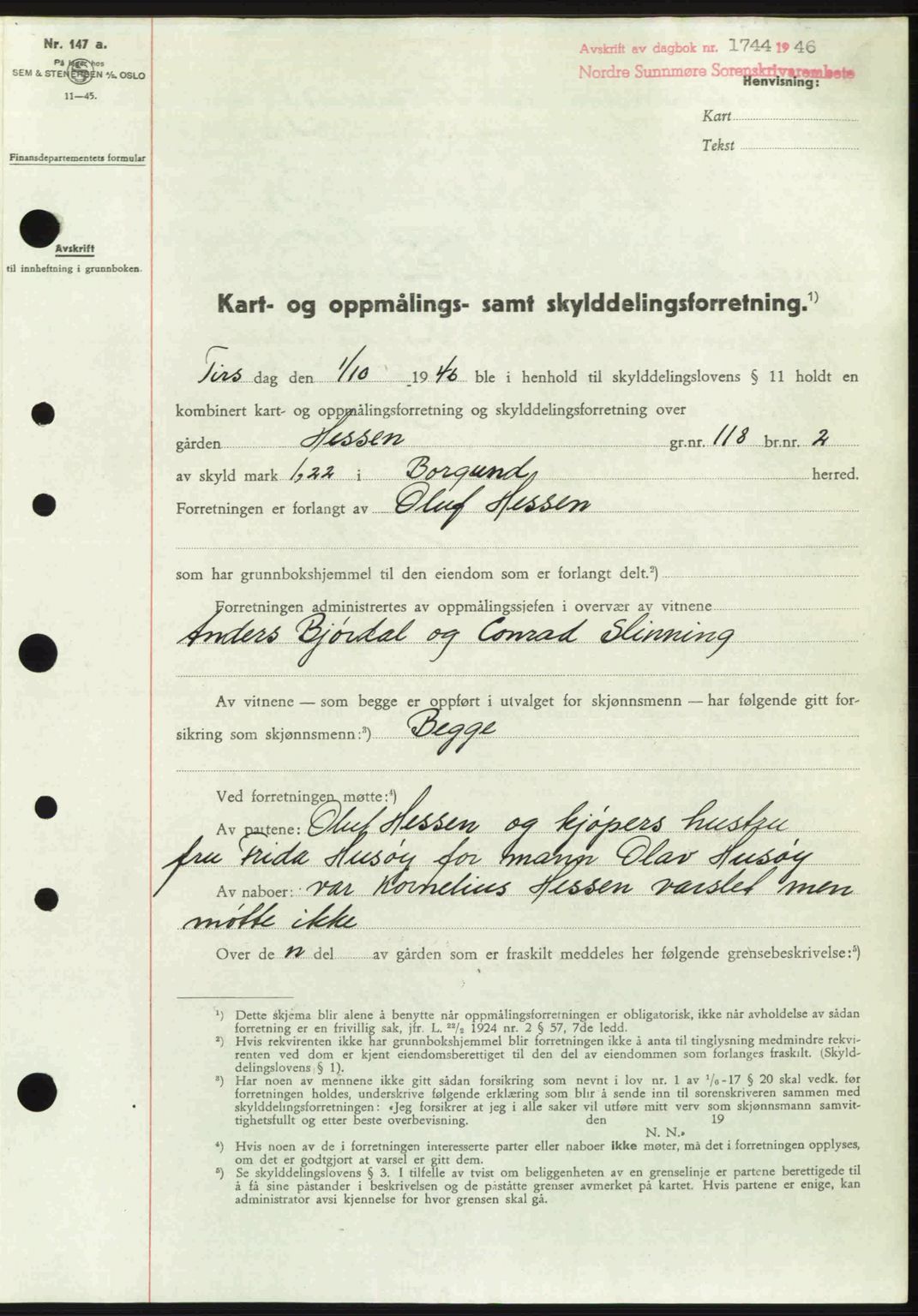 Nordre Sunnmøre sorenskriveri, SAT/A-0006/1/2/2C/2Ca: Pantebok nr. A22, 1946-1946, Dagboknr: 1744/1946