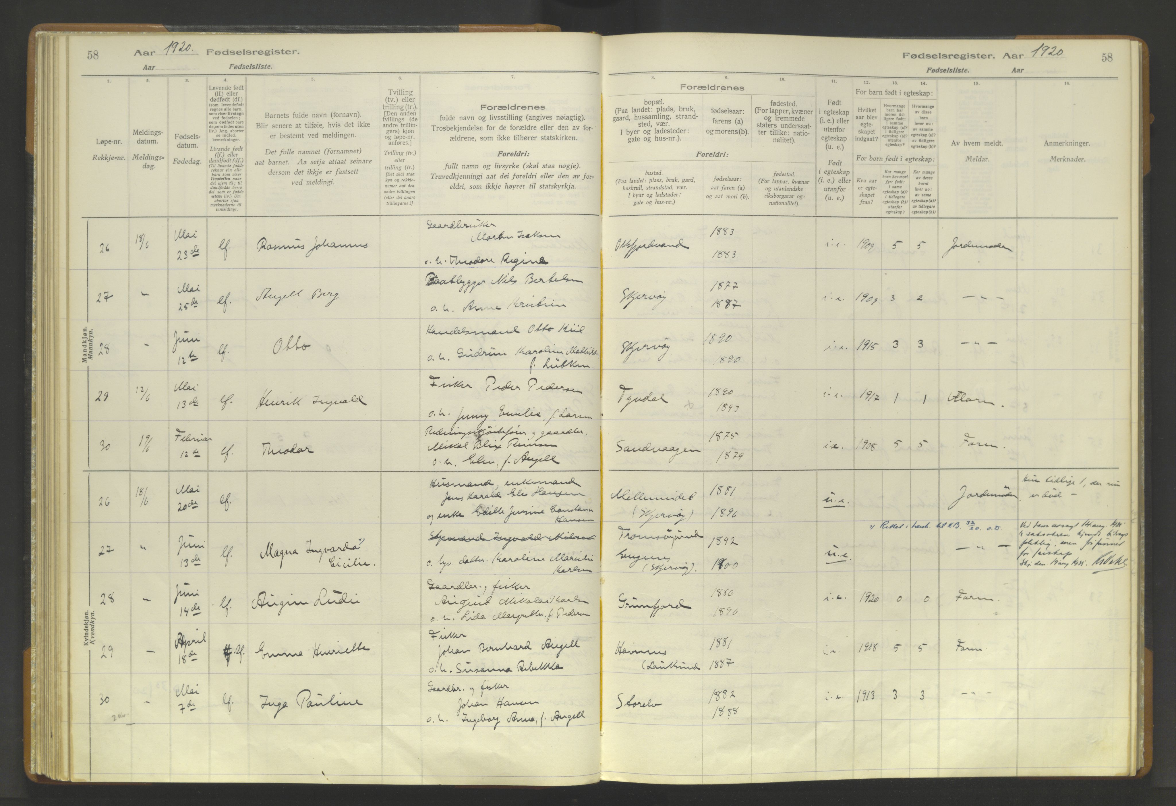 Skjervøy sokneprestkontor, AV/SATØ-S-1300/I/Ia/L0056: Fødselsregister nr. 56, 1916-1932, s. 58