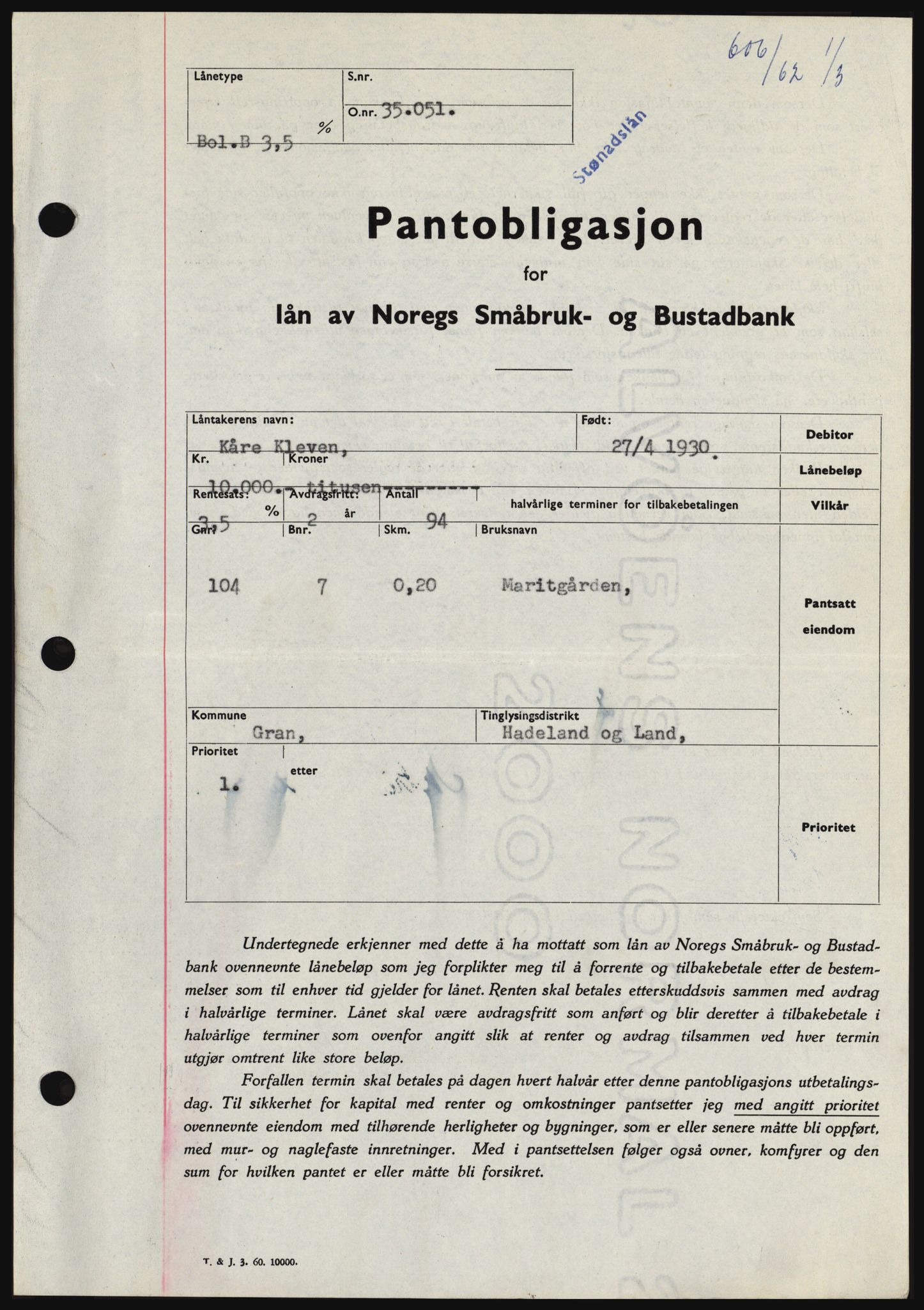 Hadeland og Land tingrett, SAH/TING-010/H/Hb/Hbc/L0047: Pantebok nr. B47, 1961-1962, Dagboknr: 606/1962