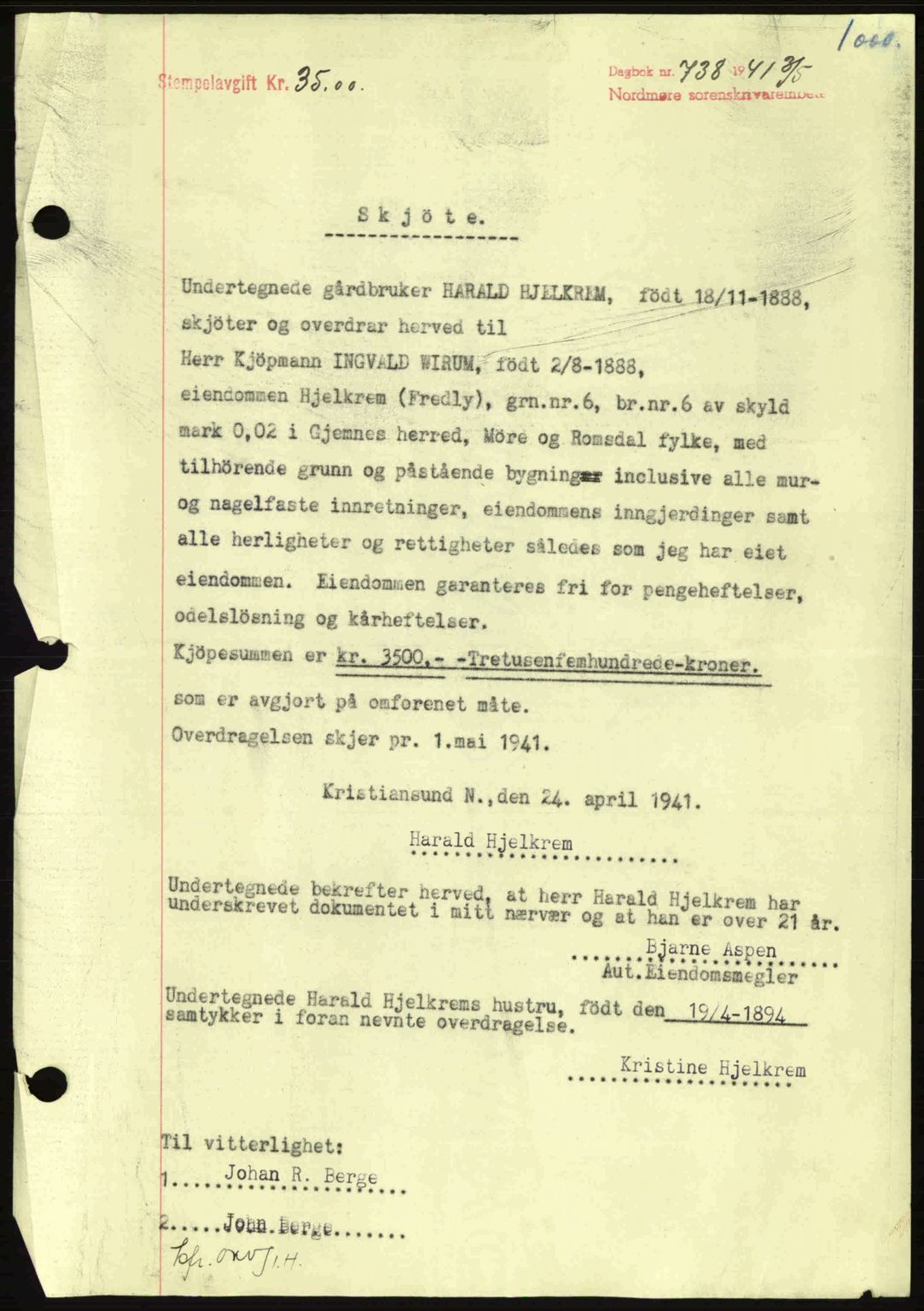 Nordmøre sorenskriveri, SAT/A-4132/1/2/2Ca: Pantebok nr. A89, 1940-1941, Dagboknr: 738/1941