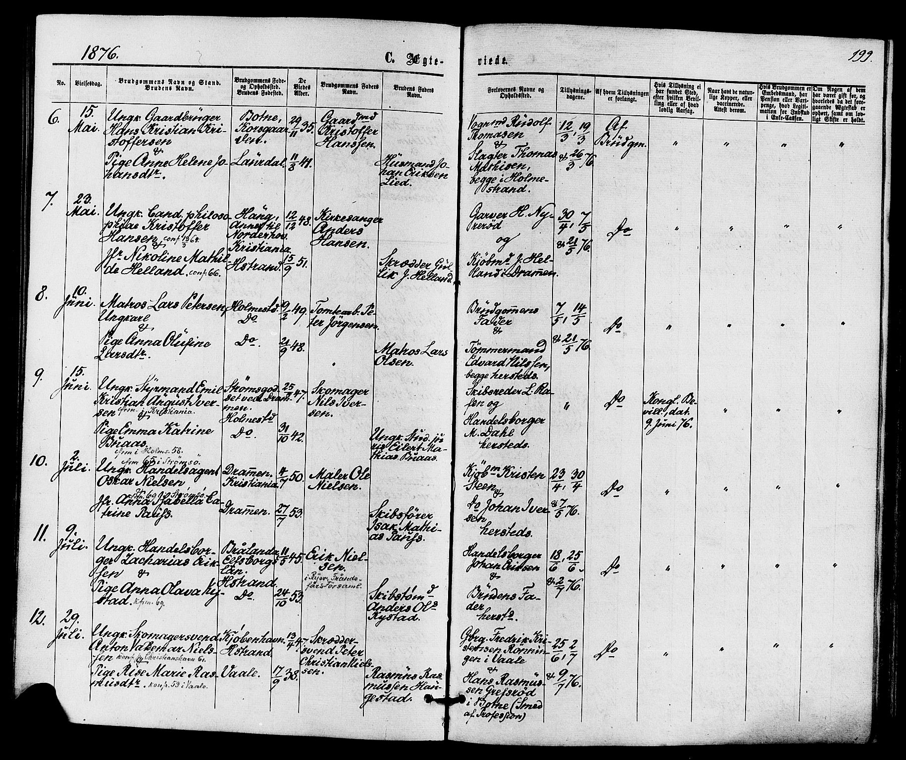 Holmestrand kirkebøker, AV/SAKO-A-346/F/Fa/L0003: Ministerialbok nr. 3, 1867-1879, s. 199