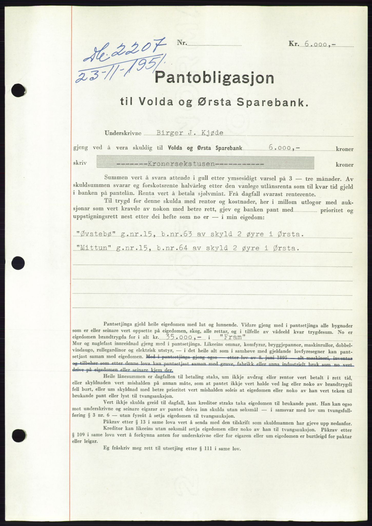 Søre Sunnmøre sorenskriveri, SAT/A-4122/1/2/2C/L0120: Pantebok nr. 8B, 1951-1951, Dagboknr: 2207/1951