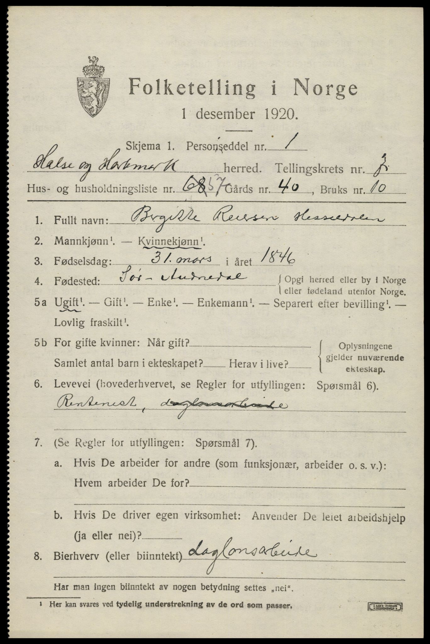 SAK, Folketelling 1920 for 1019 Halse og Harkmark herred, 1920, s. 4295