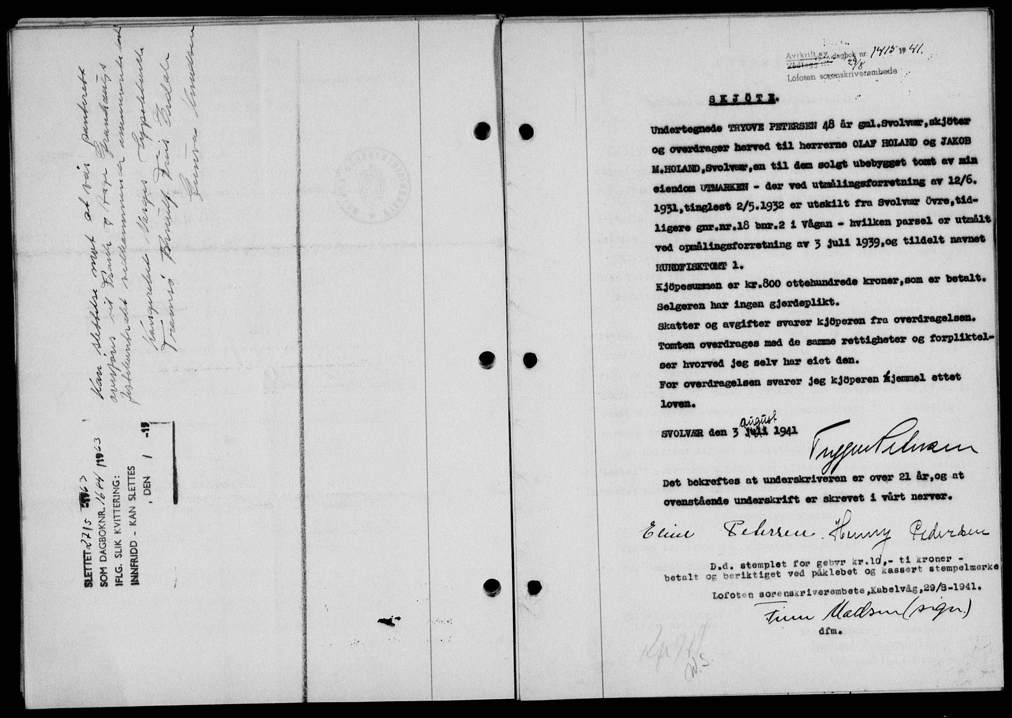 Lofoten sorenskriveri, SAT/A-0017/1/2/2C/L0008a: Pantebok nr. 8a, 1940-1941, Dagboknr: 1415/1941