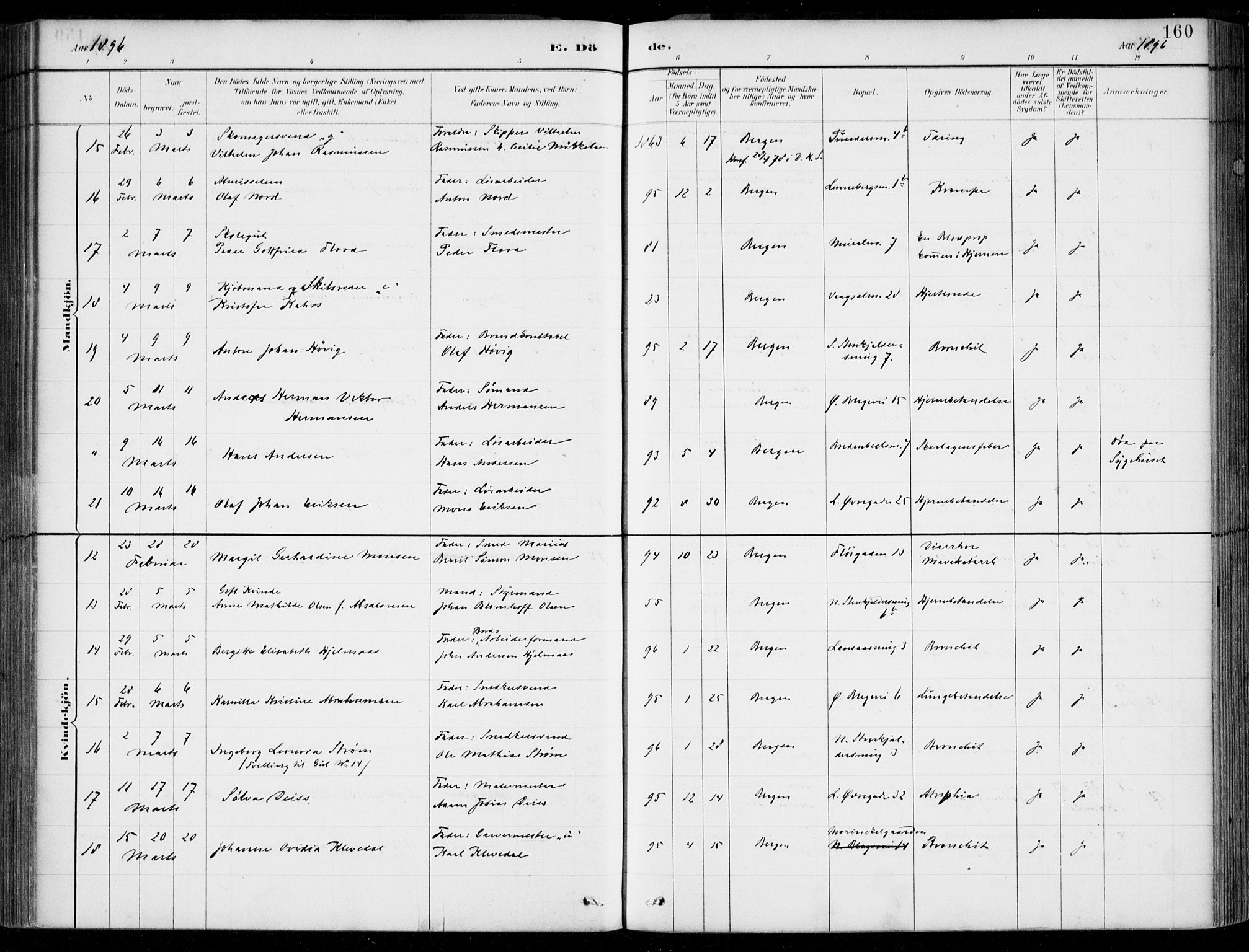 Korskirken sokneprestembete, AV/SAB-A-76101/H/Hab: Klokkerbok nr. E 4, 1884-1910, s. 160