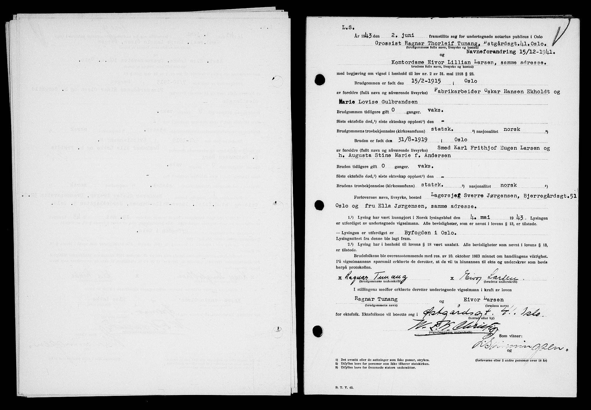 Oslo byfogd avd. I, AV/SAO-A-10220/L/Lb/Lbb/L0045: Notarialprotokoll, rekke II: Vigsler, 1943