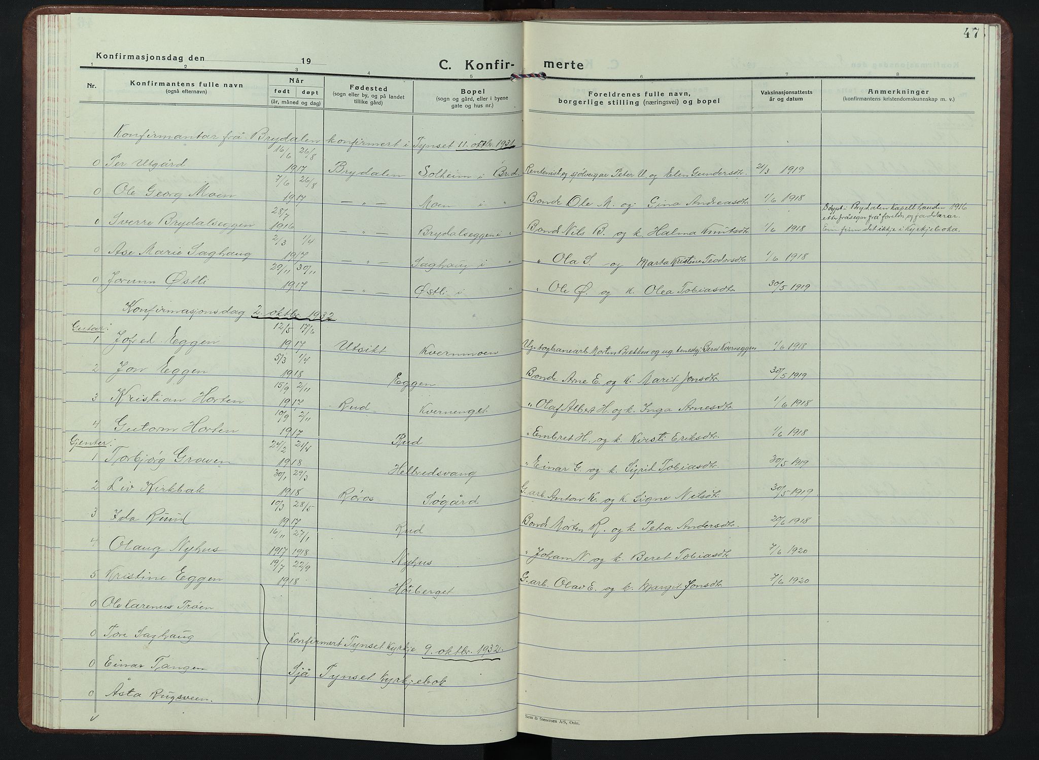 Tynset prestekontor, AV/SAH-PREST-058/H/Ha/Hab/L0013: Klokkerbok nr. 13, 1930-1946, s. 47