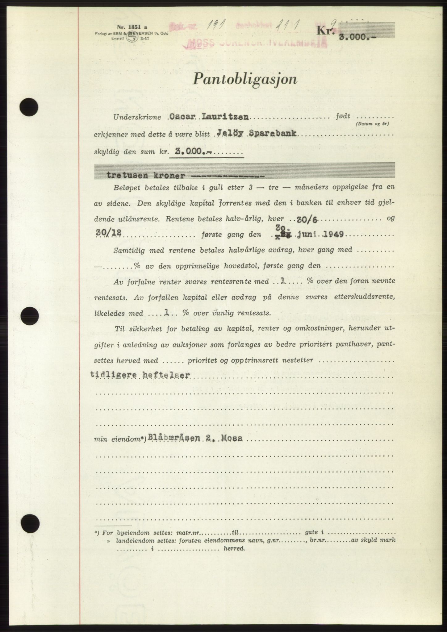Moss sorenskriveri, SAO/A-10168: Pantebok nr. B21, 1949-1949, Dagboknr: 191/1949