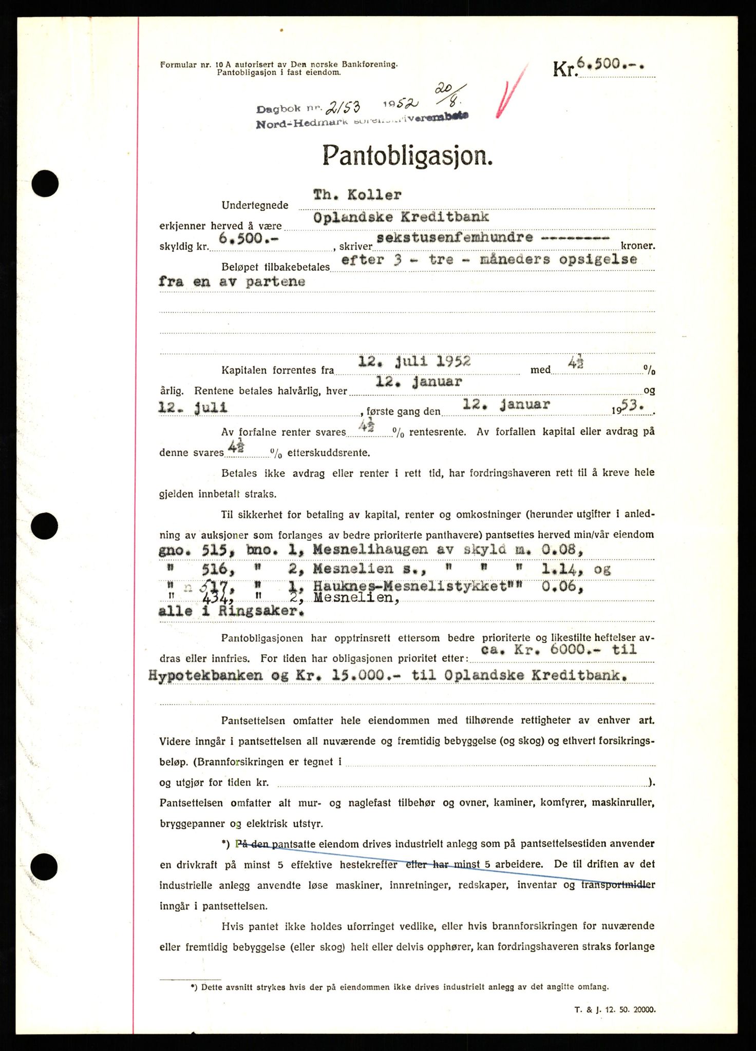 Nord-Hedmark sorenskriveri, SAH/TING-012/H/Hb/Hbf/L0025: Pantebok nr. B25, 1952-1952, Dagboknr: 2153/1952