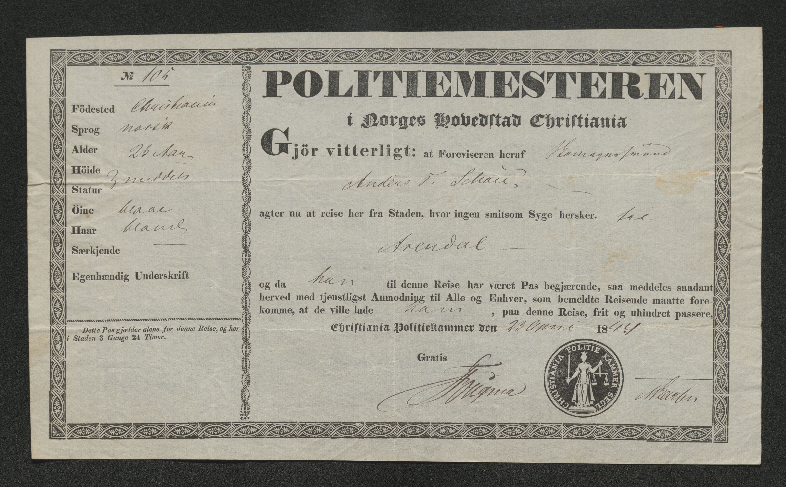 Drammen politikammer, AV/SAKO-A-623/I/Ia/Iab/L0007: Innleverte pass, 1843-1844, s. 459